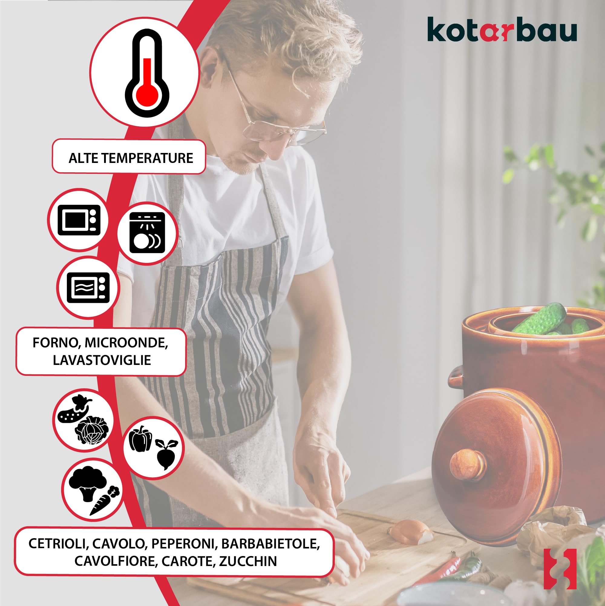 KOTARBAU® Pentola per fermentazione, 10 l, marrone in gres porcellanato con coperchio ermetico, vaso per cetriolo, cetriolo, barile in ceramica con grondaia, contenitore in gres porcellanato