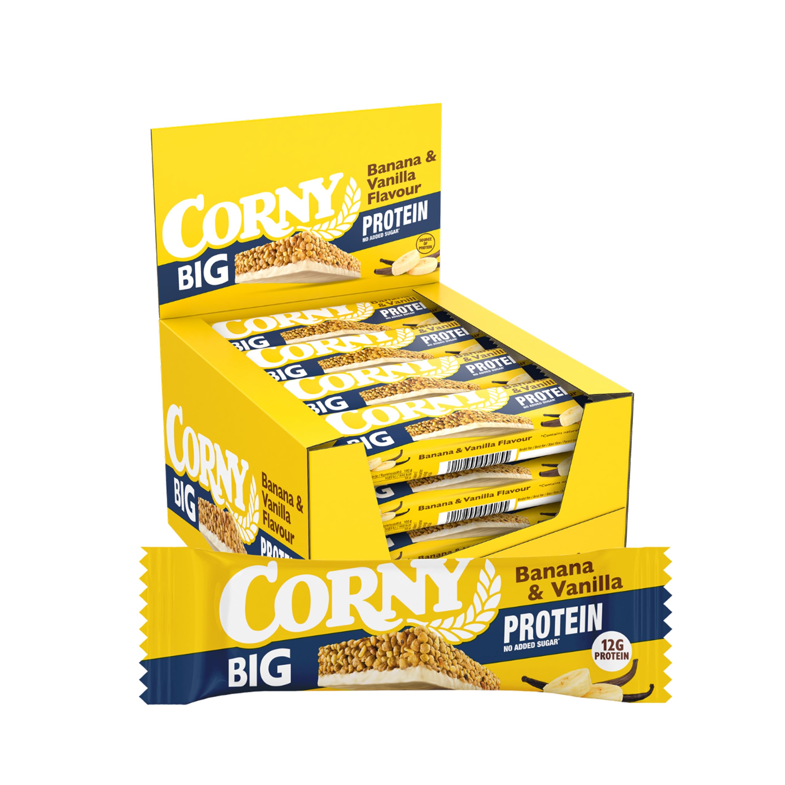 Corny Big Protein Barritas Plátano y Vainilla, 12 g Proteína, 24x50 g | Sin Azúcar Añadido, Formato Extra Grande, Ayuda a la Recuperación Muscular, Snack Fitness para Deporte y Gimnasio