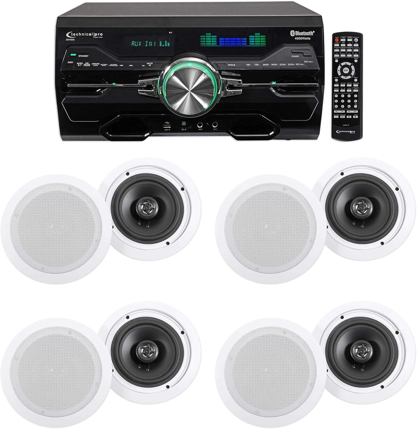 Technical Pro Professional 4000w Receiver/Amplifier/DVD Player Bluetooth/USB/FM Bundle with Pair Rockville HC655-16 6.5" 500 Watt in-Ceiling Home Theater Speakers 16 Ohm