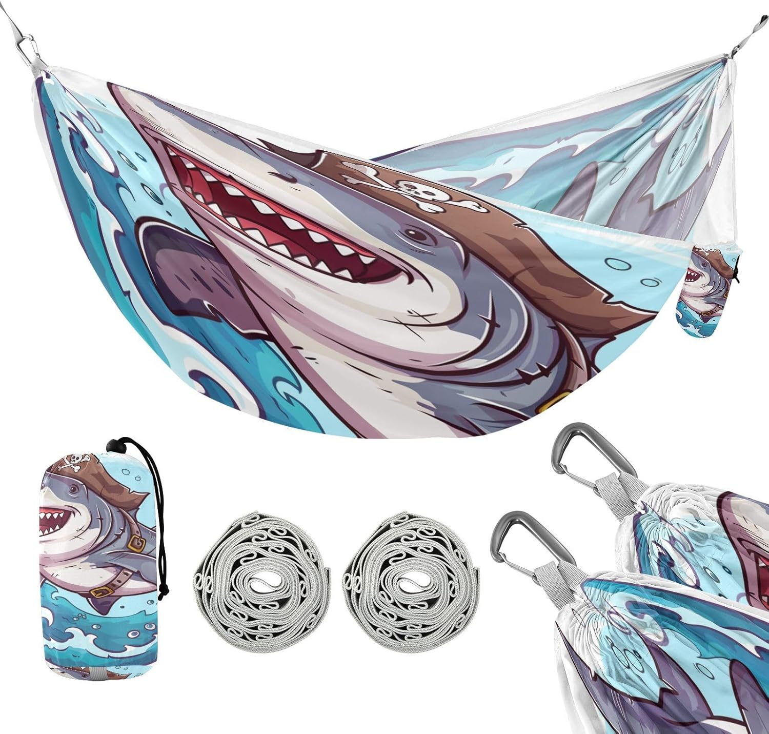 ALAZA Pirate Shark Cartoon Camping Hammocks Single or 2 Person 500 lbs Portable Parachute Travel Hammock w/Tree Straps for Hiking Backpacking Indoor Outdoor