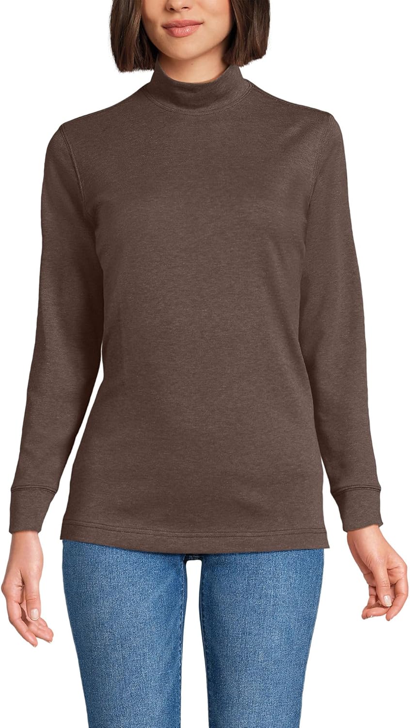 Lands' End Women Long Sleeve Relaxed Cotton Mock Bark Brown Heather Tall X-Large