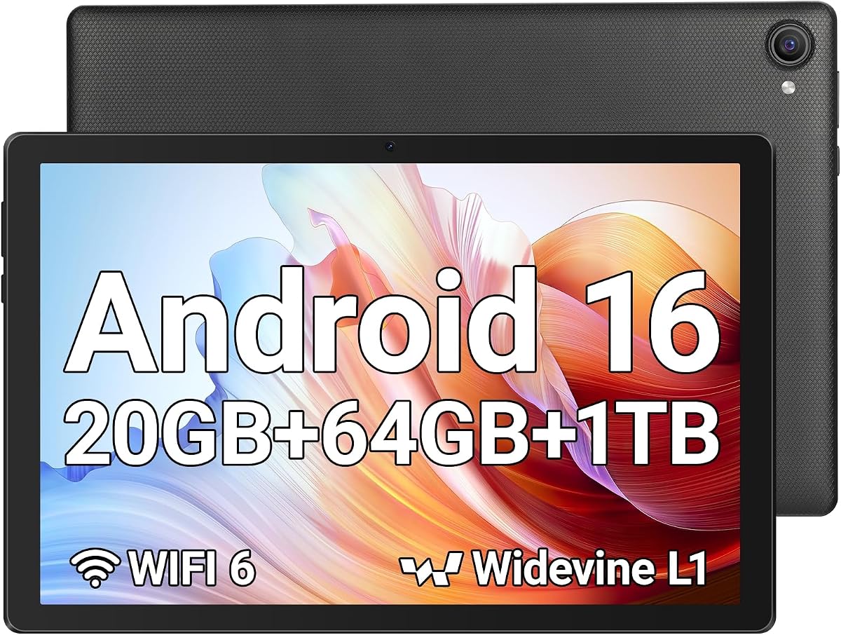 Jeazans Tablet, 10.1" Android 16 Tablet, 20GB RAM 64GB ROM 1TB Expand, 6000mAh Battery, Dual 5MP+8MP Camera, 1280x800 IPS HD Touchscreen, Widevine L1, Wi-Fi 6 BT 5.4 GMS Certified, Face Unlock