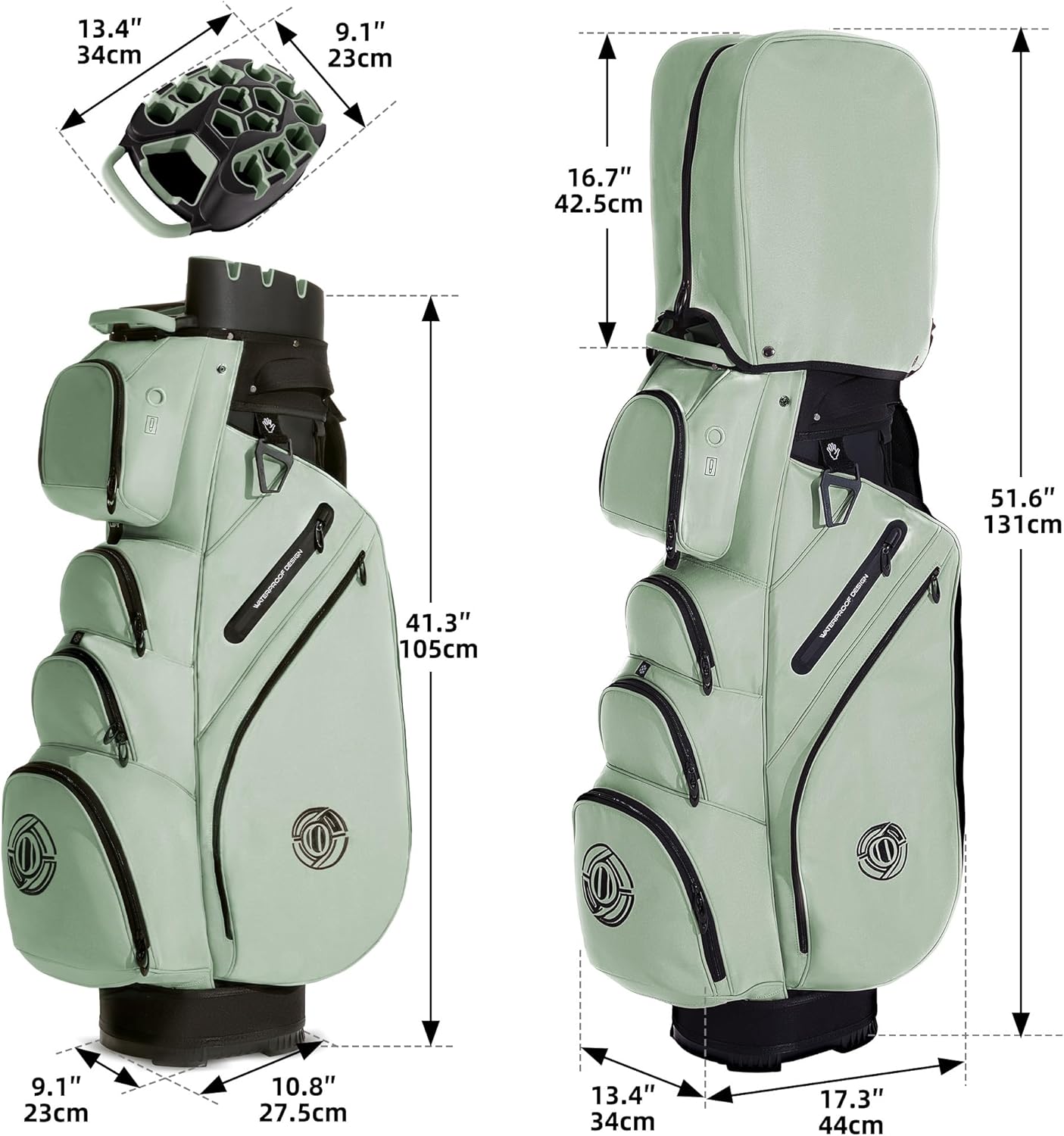 T-Lock Golf Cart Bag, 14 Way Molded Organizer Top Club Bag with Full-Length Dividers, Silent Cart Bags for Men with Handles Ergonomic Padded Strap, Avocado Green