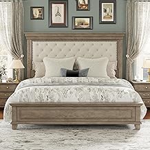 Solid Pine Wood King Bed Frame with 69" High Upholstered Headboard, Transitional Style Platform Bed, No Box Spring Needed & Easy Assembly, Button-Tufted Chenille Fabric, Antique Taupe
