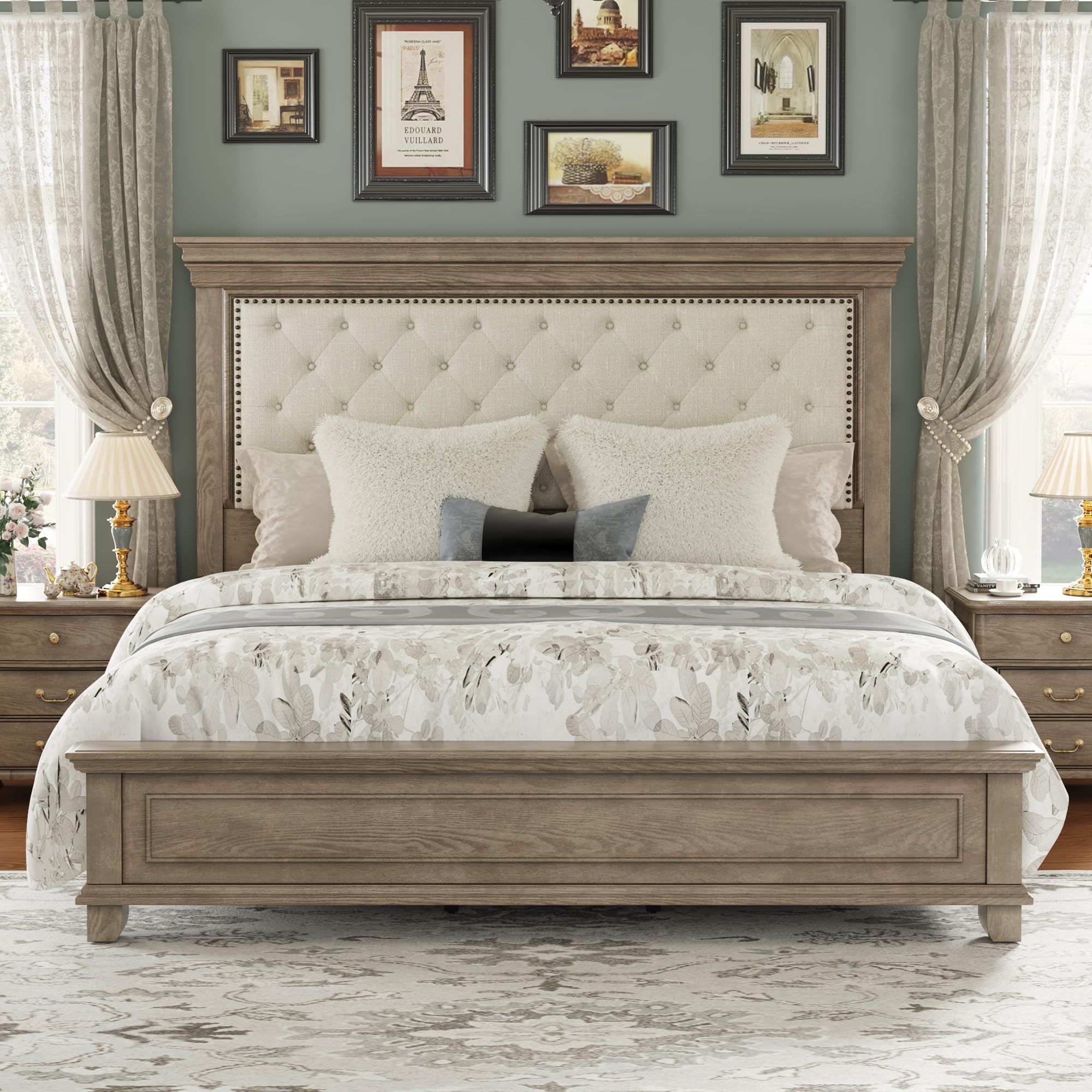 SEE DESCRIPTION Solid Pine Wood King Bed Frame with 69" High Upholstered Headboard, Transitional Style Platform Bed, No Box Spring Needed & Easy Assembly, Button-Tufted Chenille Fabric, Antique Taupe