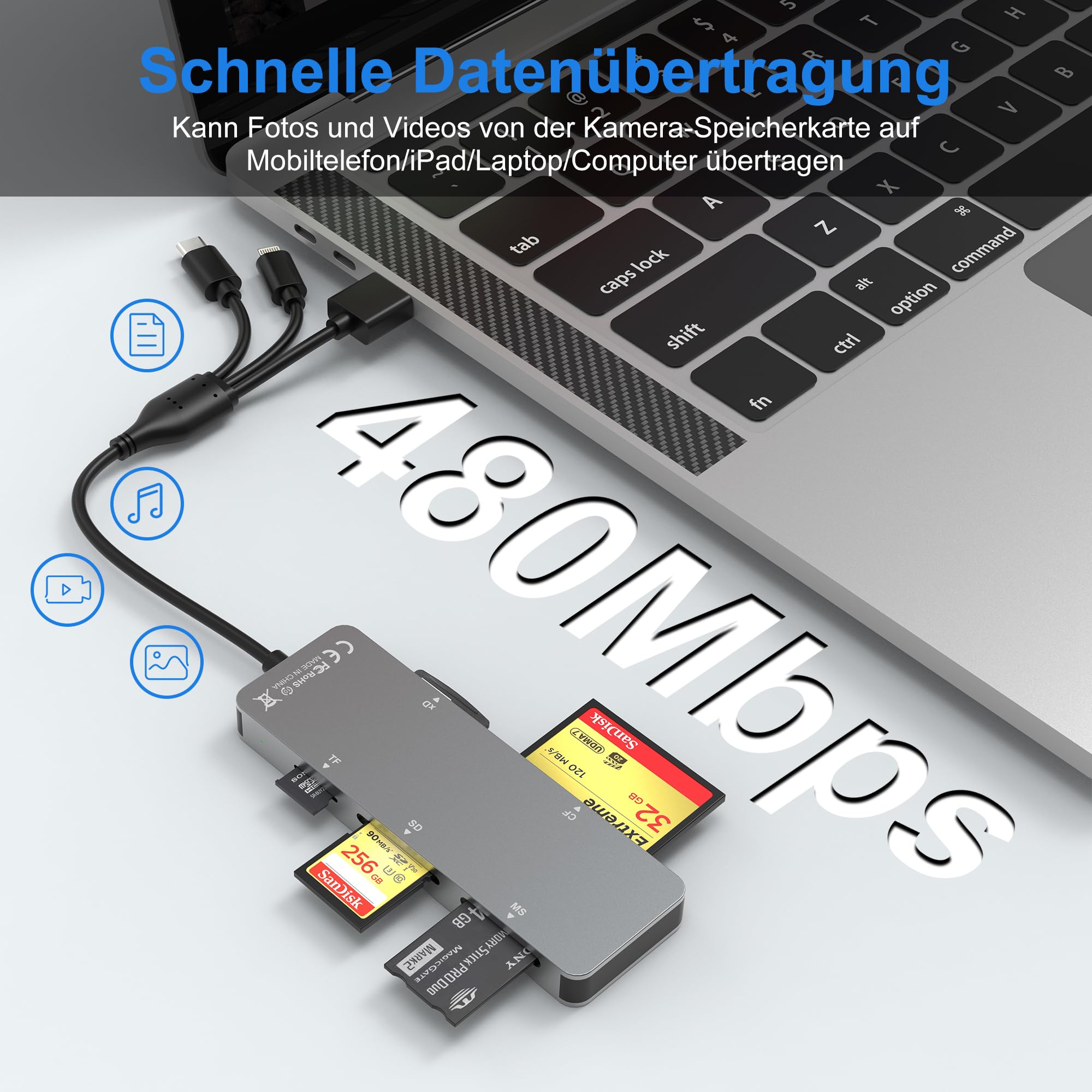 5-in-1 Kartenleser MFi - Lightning & USB-C Adapter Für IPhone & IPad