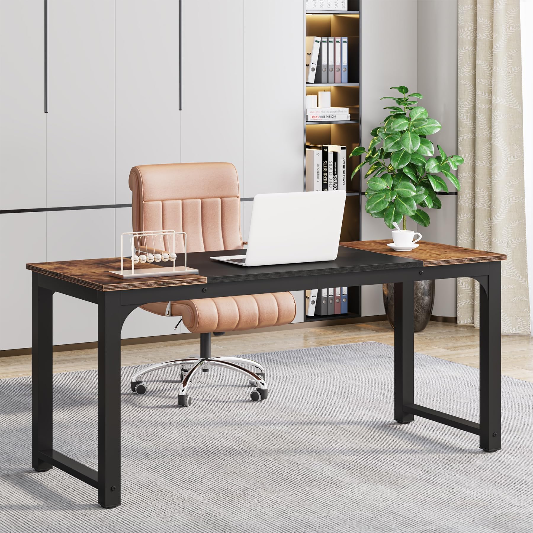Modern Computer Desk, 160 x 60 cm Large Office Desk Computer Table Study Writing Desk Workstation for Home Office, Rustic Brown/Black