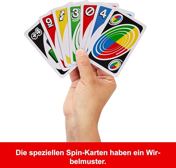 Mattel Games UNO Spin Card Game for Children Adults and Family Game Evenings Classic Game with Turntable New Challenges and Rules Bad Weather Activity JGR00