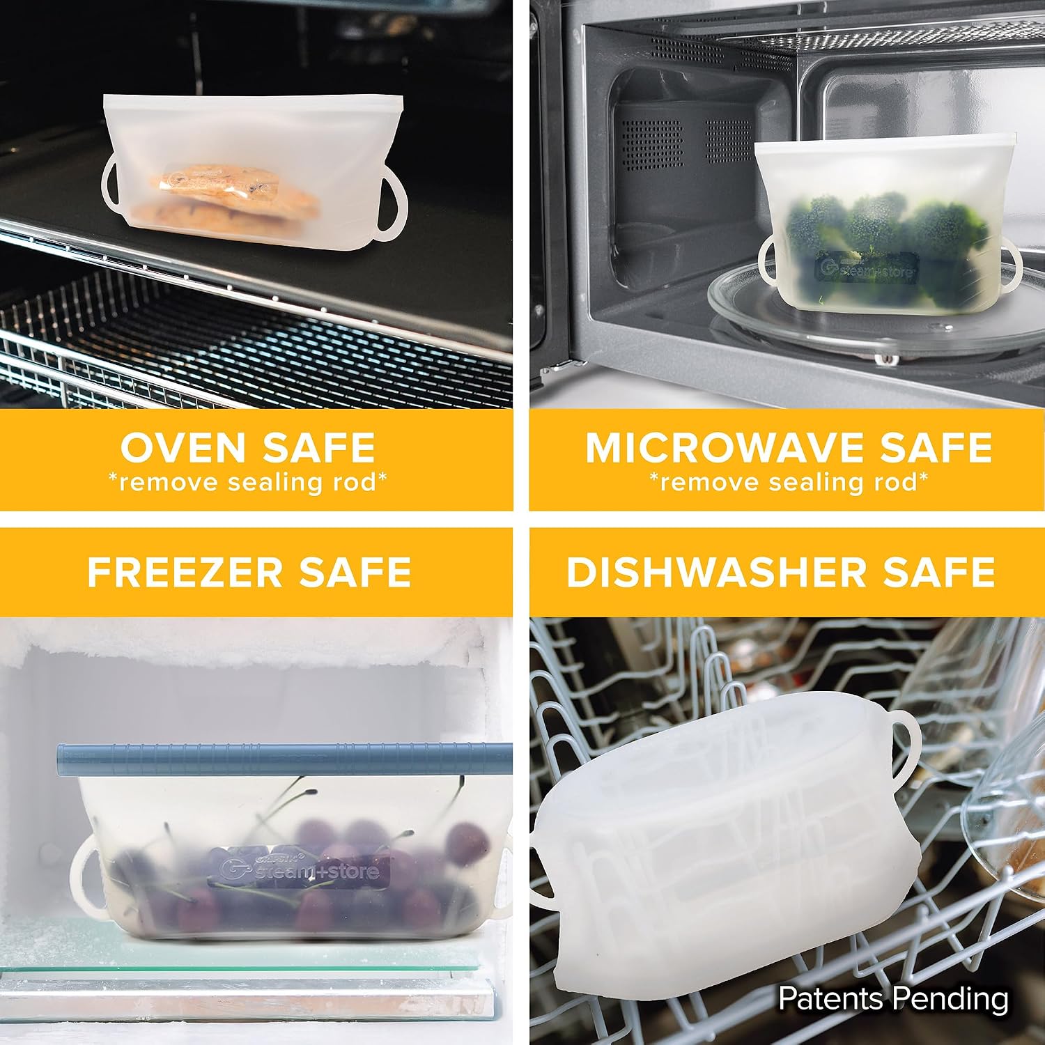 GripStic Steam + Store Bags, Reusable Silicone Bags. Microwave Safe Food Storage Bags for Steaming & Reheating and Storing, BPA Free – Set of 3