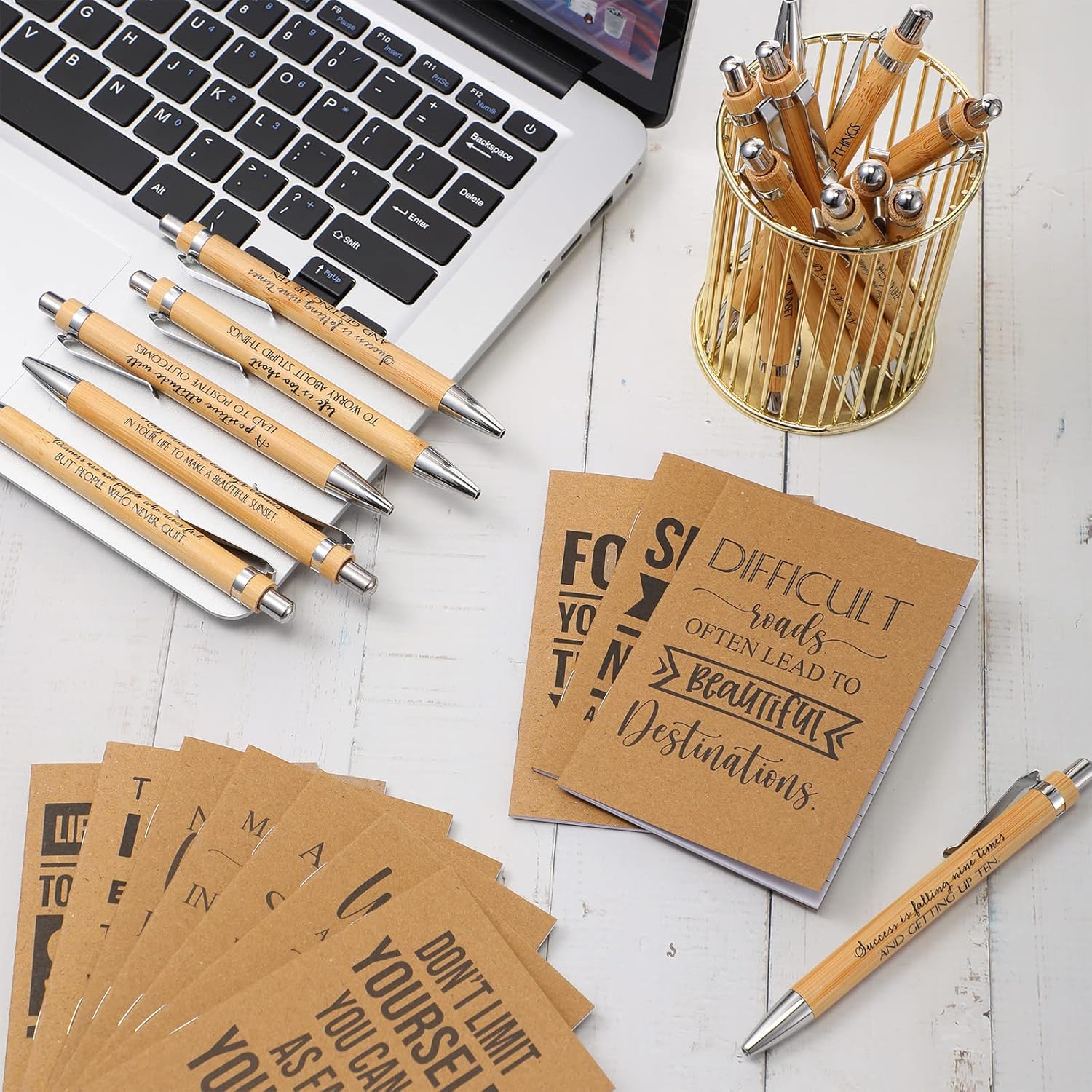 PerKoop Employee Appreciation Gift Bulk 3"×5" Small Inspirational Notebook Motivational Bamboo Pen Thank You Gift Kraft Pocket Journal Notepad for Coworker Team Staff Secretary(200 Pcs,Brown,Quotes)