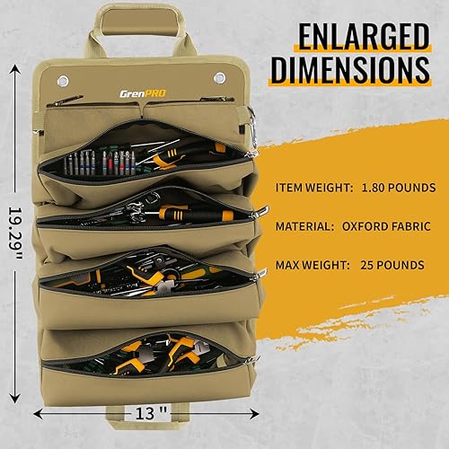 Miniatura 3 de Bolsa de herramientas enrollable resistente, Oxford impermeable con 11 compartimentos y bolsas desmontables, organizador mecánico de garaje para