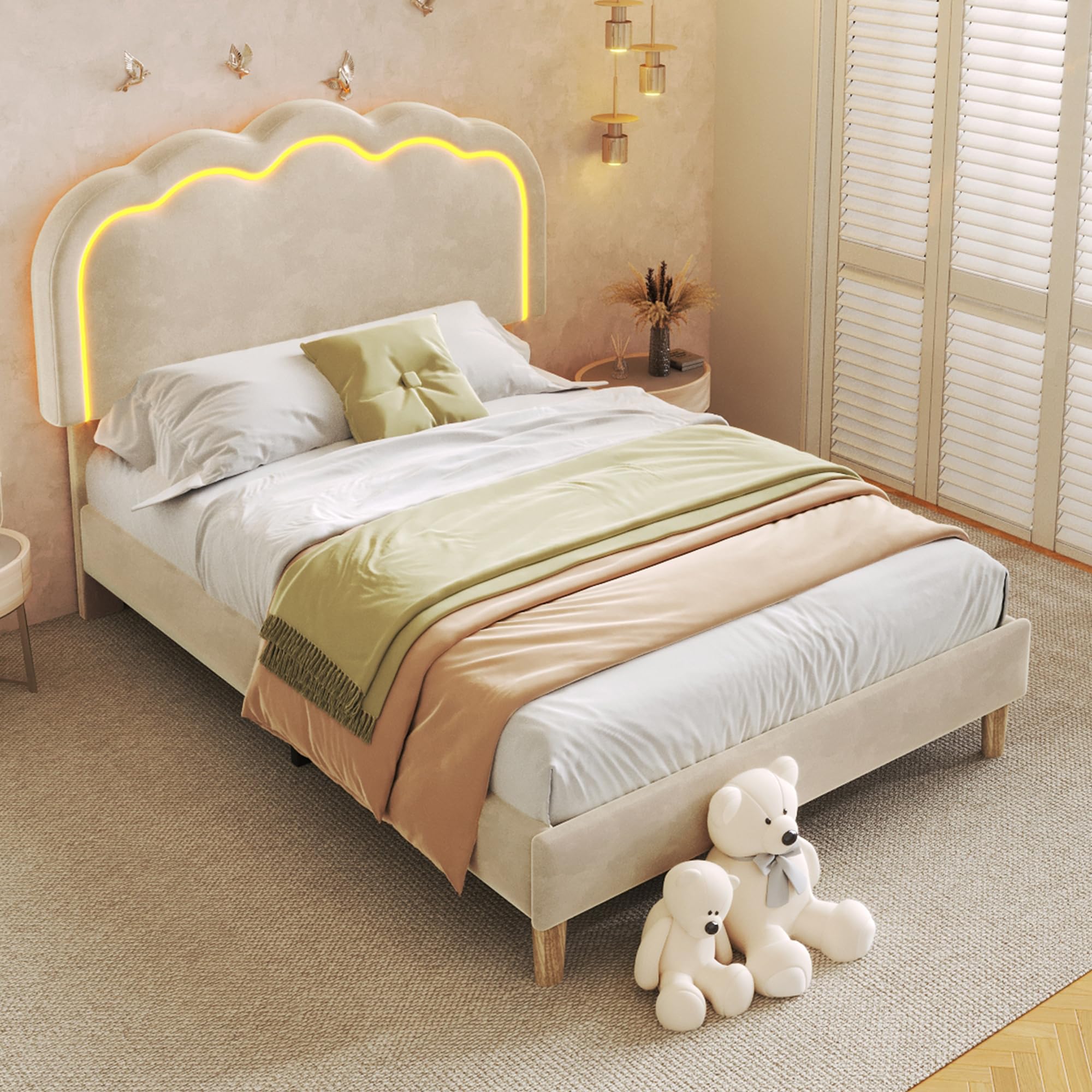 Merax Single bed frame, 3ft Single Upholstered Bed, Adjustable Height Puff Shaped LED Headboard, Sturdy Wooden Slat Support, Velvet Fabric (No Mattress), Beige/90CM*190CM โ image 1