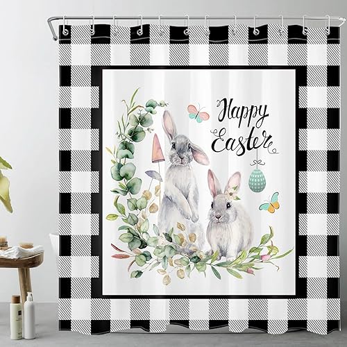 SCECALA Easter Shower Curtain for Bathroom Spring Rabbit Plant Leaves Bathroom Curtain Black and White Plaid Bathroom Decor with Hooks 70x70 Inch