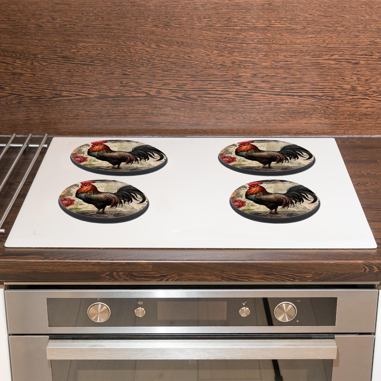 Vintage Rooster Lovely Set of 4 Stove Burner Covers - Premium Round Electric Stove Range Protectors,8 IN & 10 IN