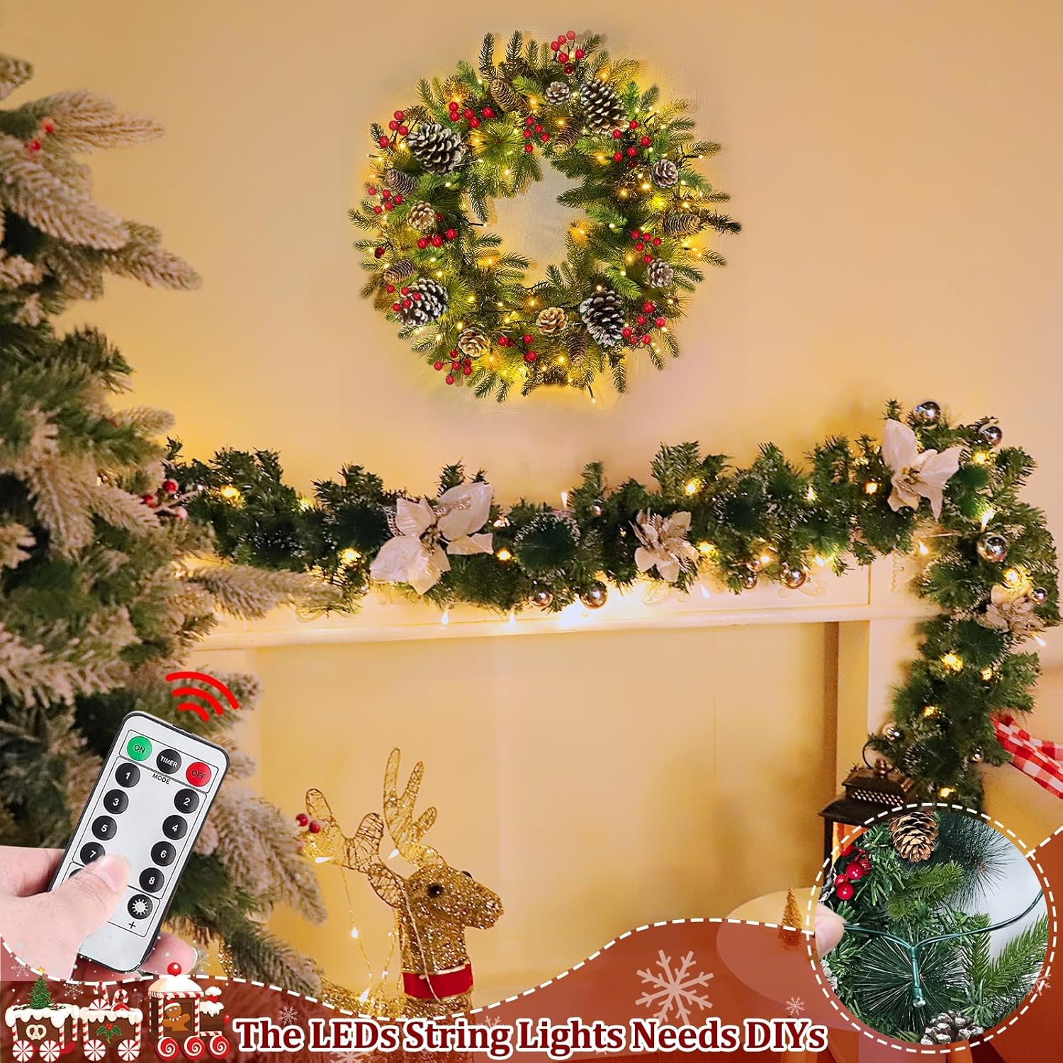 Remote Control - 26 Inch Super Large Thick Prelit Christmas Wreath Realistic-Feel 80 Warm White & Colorful Lights Timer 8 Mode Double Frame 268 Branches 8 Pinecone 40 Red Berry Xmas Decor Outdoor