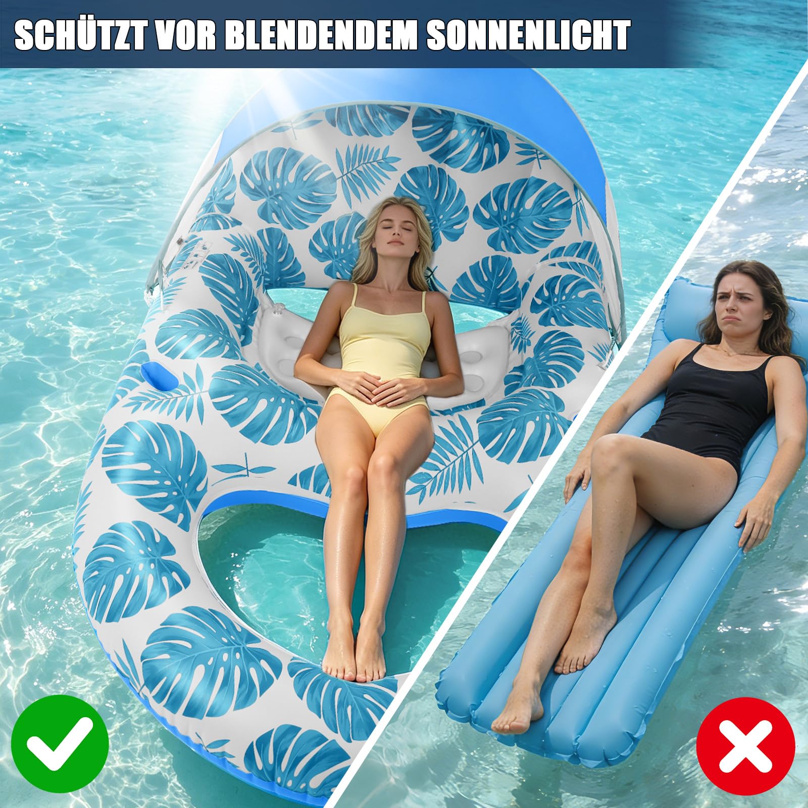Luftmatratze Pool, Aufblasbares Sonnenpool Wasser Aufblasbarer Sessel Schwimmbad-Flöße Erwachsene mit Verstellbarem Sonnendach, Getränkehaltern und Fußstütze für SommerPool Strand