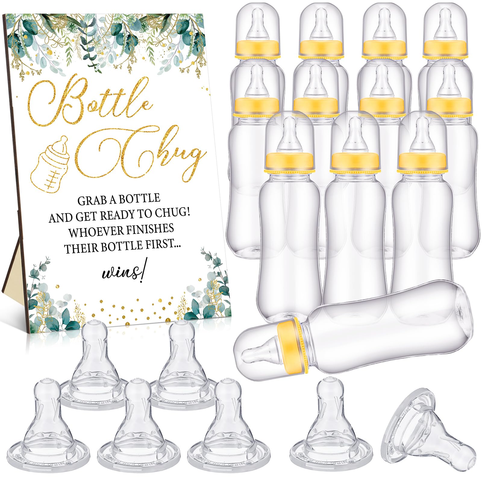 TrelaCo Greenery Cool Baby Shower Games Bottle Chug Sign Wooden Neutral Greenery Floral Gift Sets Gender Reveal Party Favors and 12 Pcs Baby Bottle