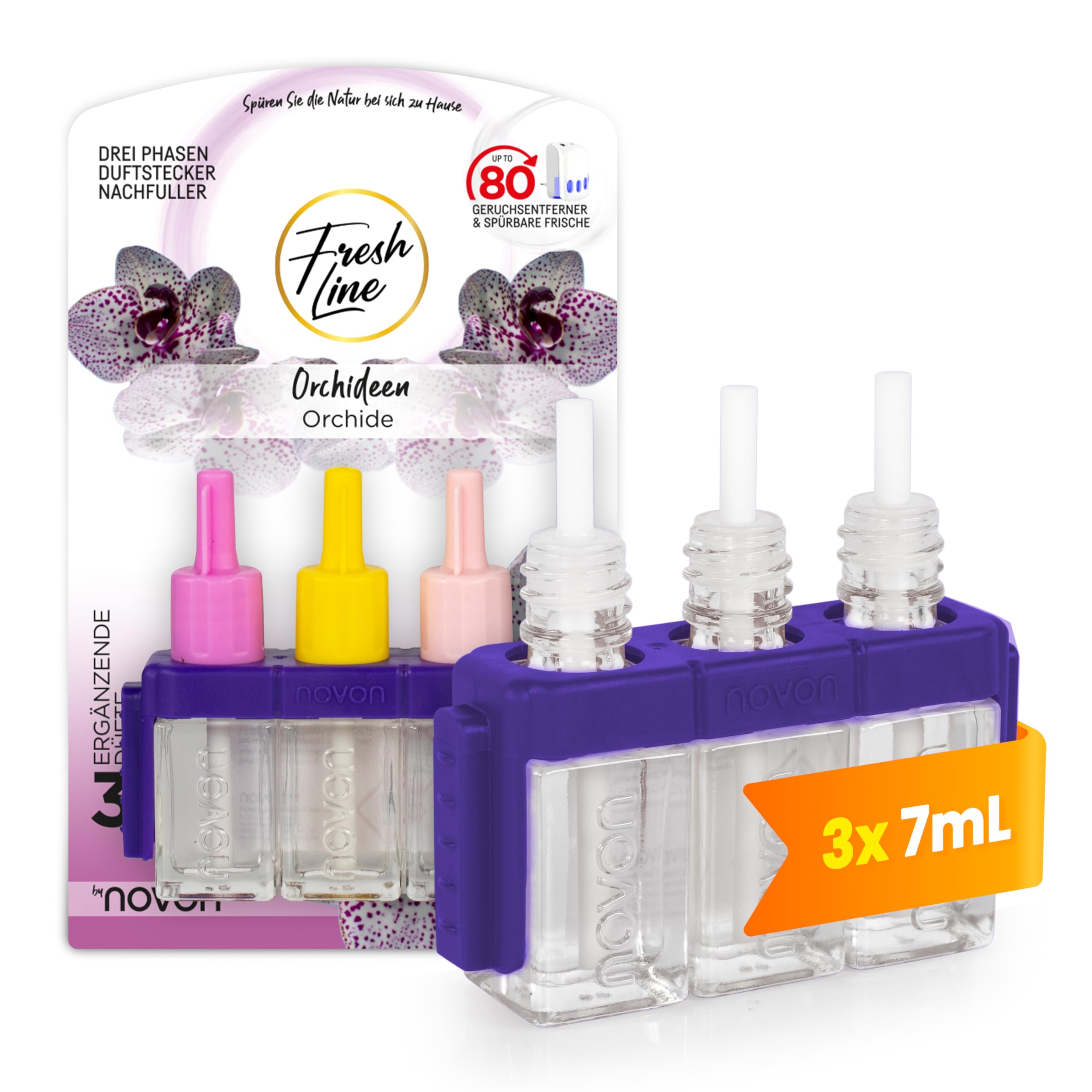 FRESH LINE® Zestaw 12 sztuk (3 x 7 ml) – 3-fazowa zmiana – kompatybilny z 3VOLUTION – odświeżacz powietrza – 6 zapachów: dzikie jagody, jaśmin, limonki, świeża kwietniowa, złota orchidea, wanilia
