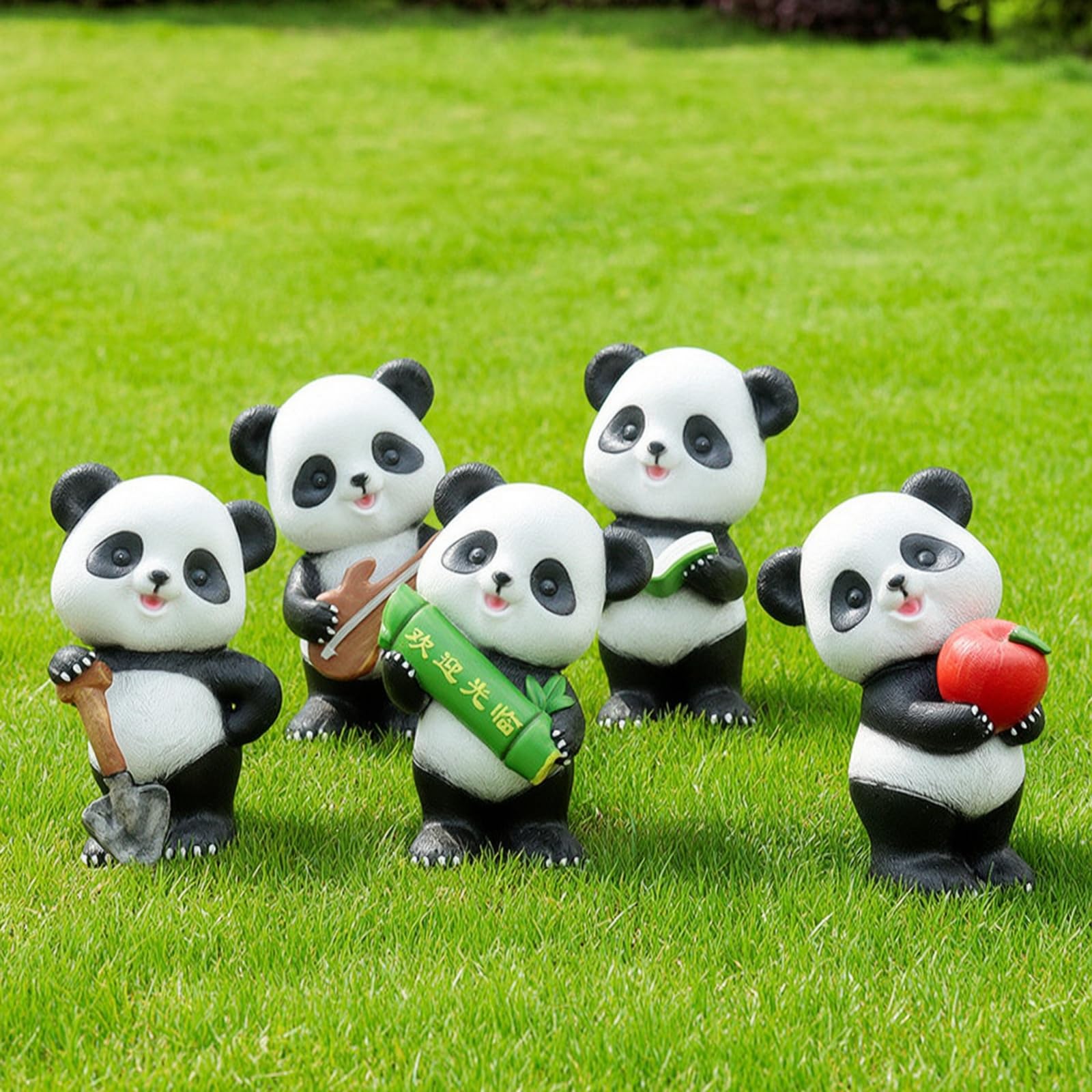 predolo 5 Stück Pandabären-Gartenfigur mit Requisite frostbeständig Pandabären-Figur süß Dekofigur für Gartenliebhaber, Familien, Hof