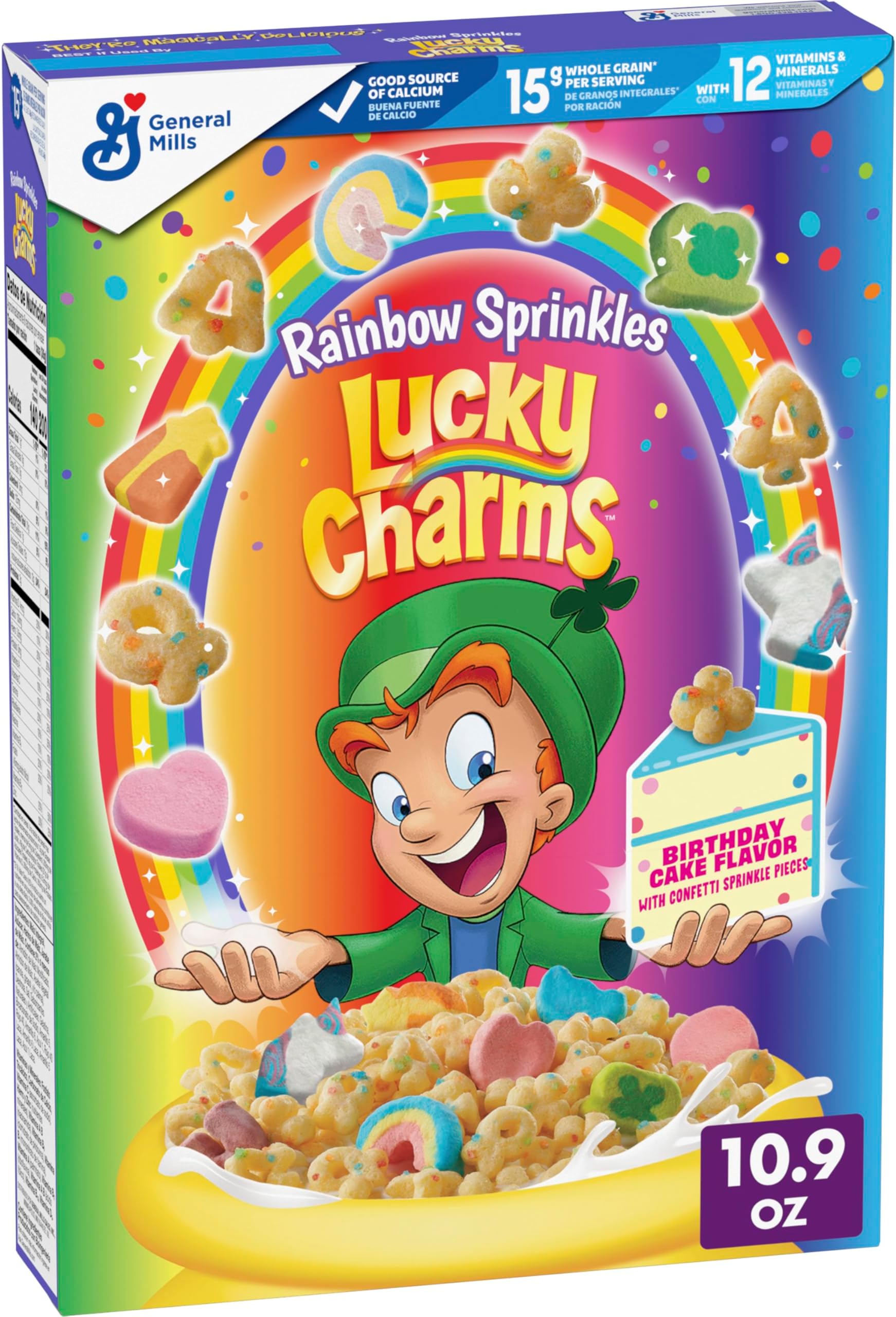 Rainbow Sprinkles Cereal with Marshmallows, Birthday Cake Flavor, Kids Breakfast Cereal Made with Whole Grain, 10.9 oz