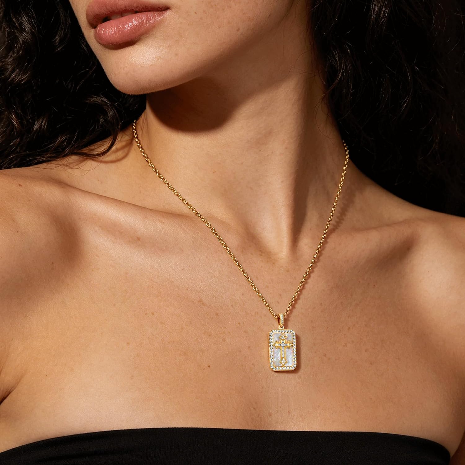 Gold Cross Necklace for Women, Dainty 18K Gold Plated CZ Pendant Necklace, Non Tarnish Hypoallergenic Adjustable Layering Chain Choker, Colorful Cross Pendant Faith Necklace, Everyday Wear for Women Jewelry