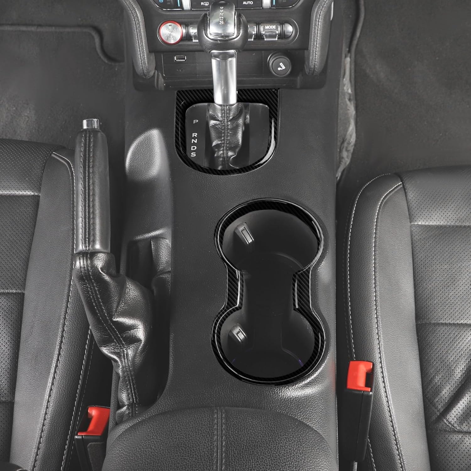 Jimen Fit for Ford Mustang 2015-2023, 2PCS Front Cup Holder Trim & Gear Shift Cover (Carbon Fiber)