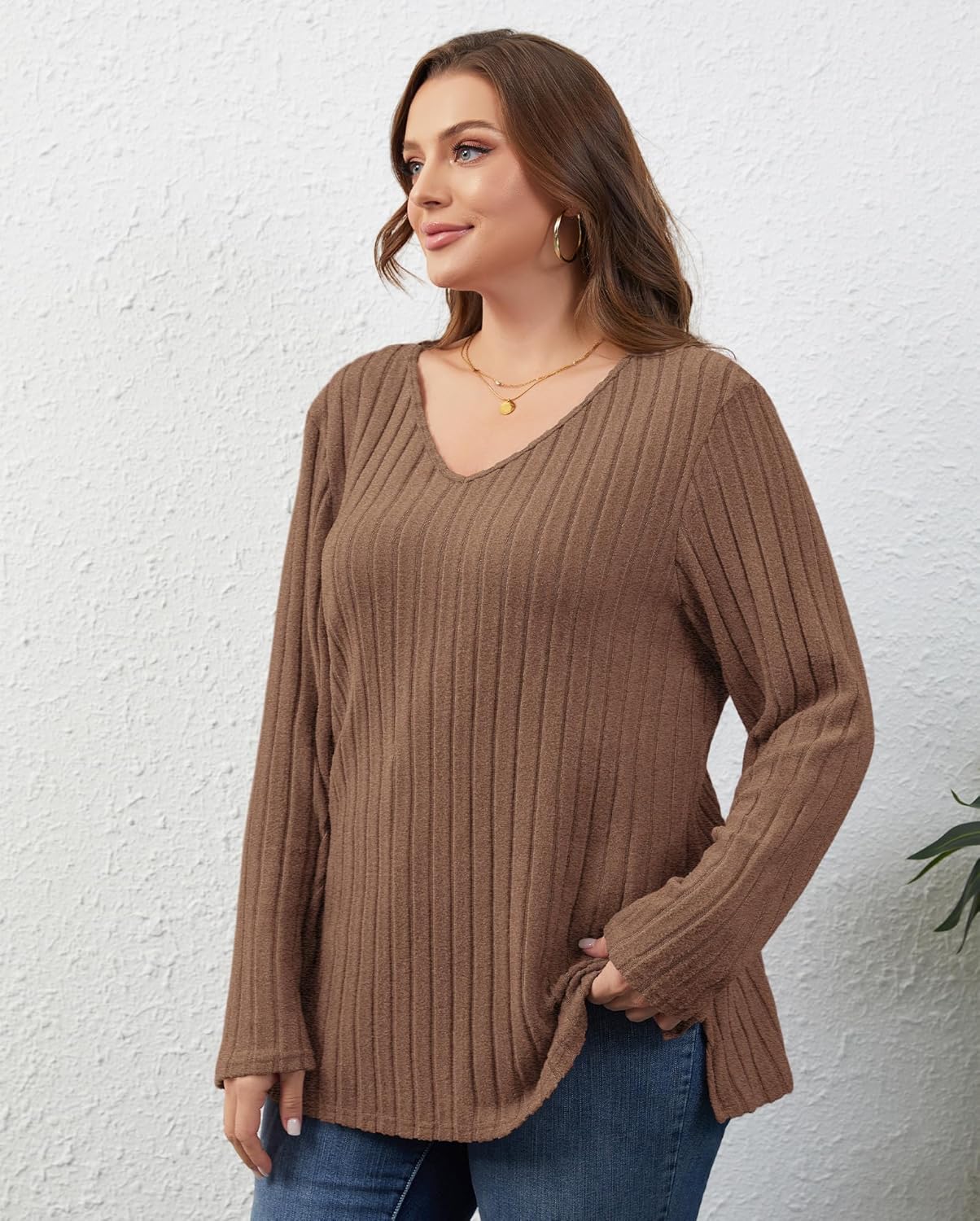 TIANZHU Women's Plus Size Tops V Neck Lightweight Blouse Long Sleeve Tunic Sweater for Casual Going Out XL-4XL - Image 2