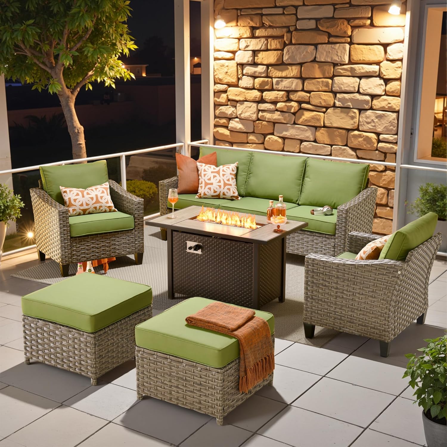 CAODOC 5 Pcs Patio Conversation Set for 7 Seats, Rattan Wicker Outdoor Patio Furniture Set, 2 x Single Chair, 2 x Ottoman, 3-Seat Sofa for Lawn Garden Backyard(Red)