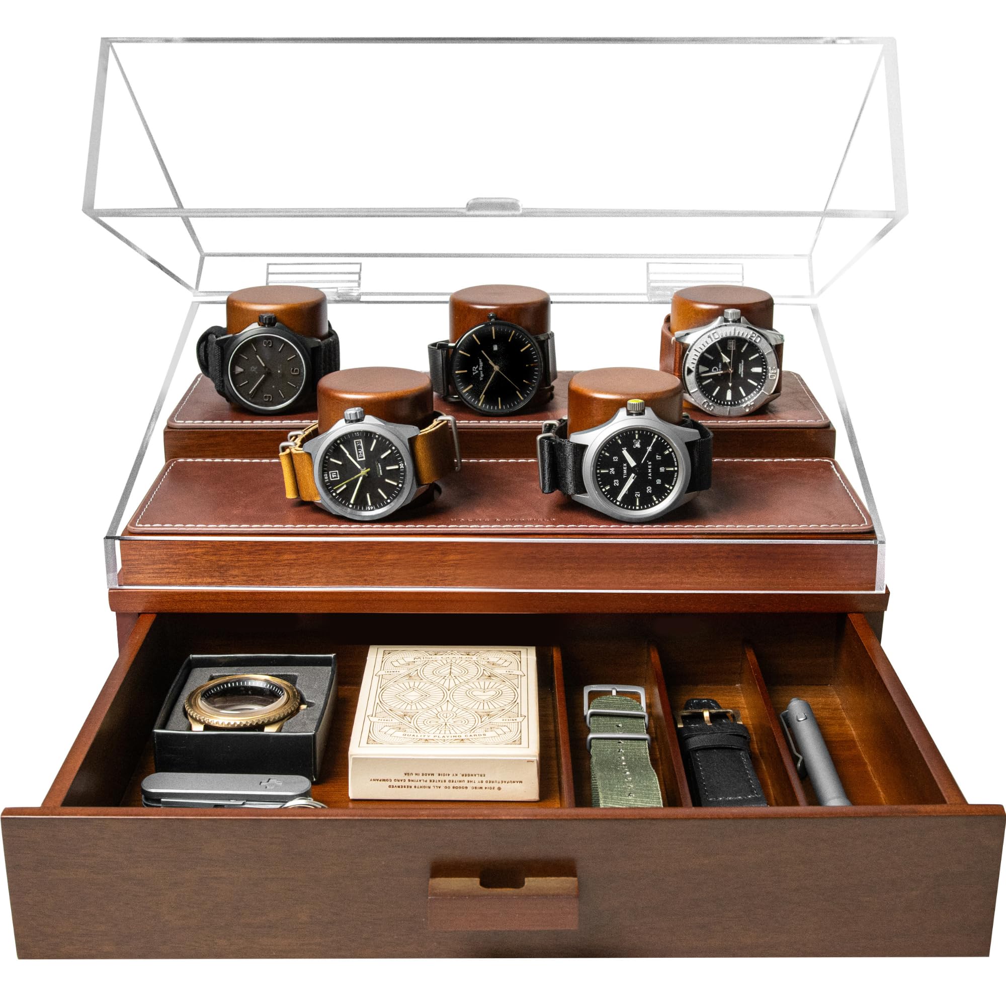 Elevate Your Watch Collection with The Curator Pro – Premium Watch Display Case for 5 Watches – Easy Access, Large Drawer & Leather Lining – Wooden Mens Watch Box & Watch Case – Christmas Gift for Men
