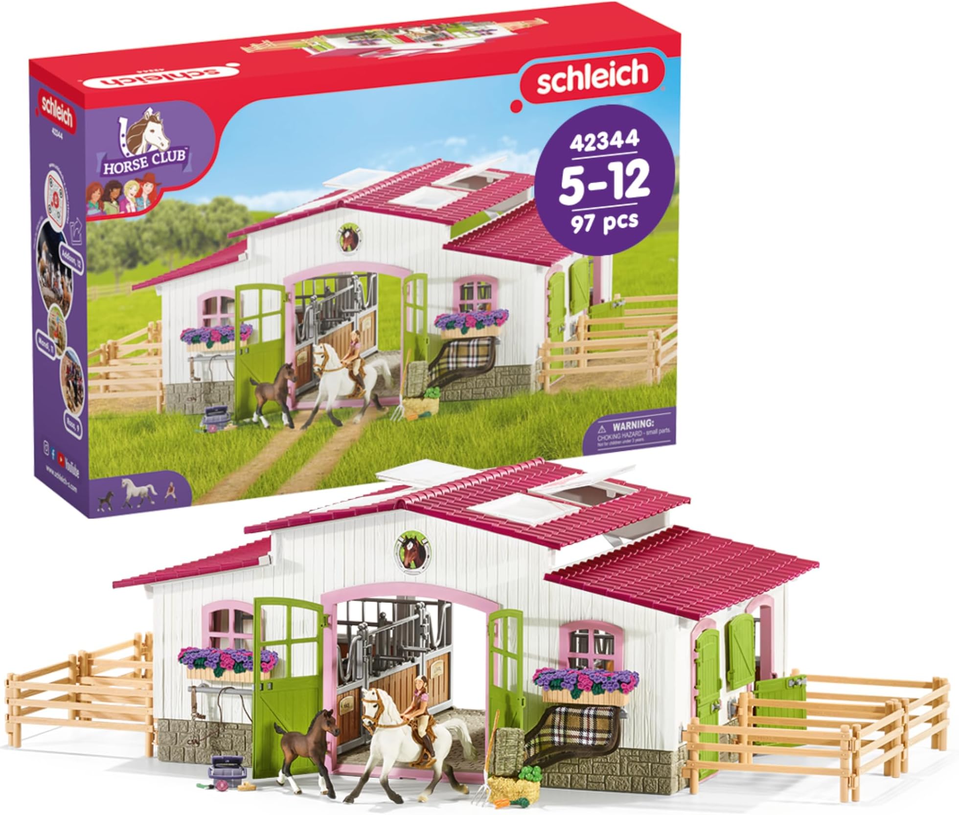 Horse Club - 97PC Riding Center Horse Toy Playset with Rider, 2 Horses, Barn and Farm Figurine Accessories for Girls and Boys - Interactive Play Figures - Realistic Kids Toys Ages 5+ | 42344