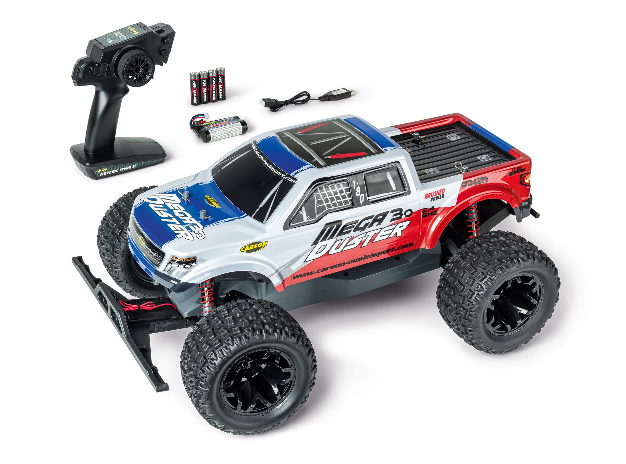 Carson 500404292 1:10 Mega Duster 3.0 2.4G 100% RTR - Samochód zdalnie sterowany, terenowy, z bateriami i pilotem, nadrukowana karoseria.