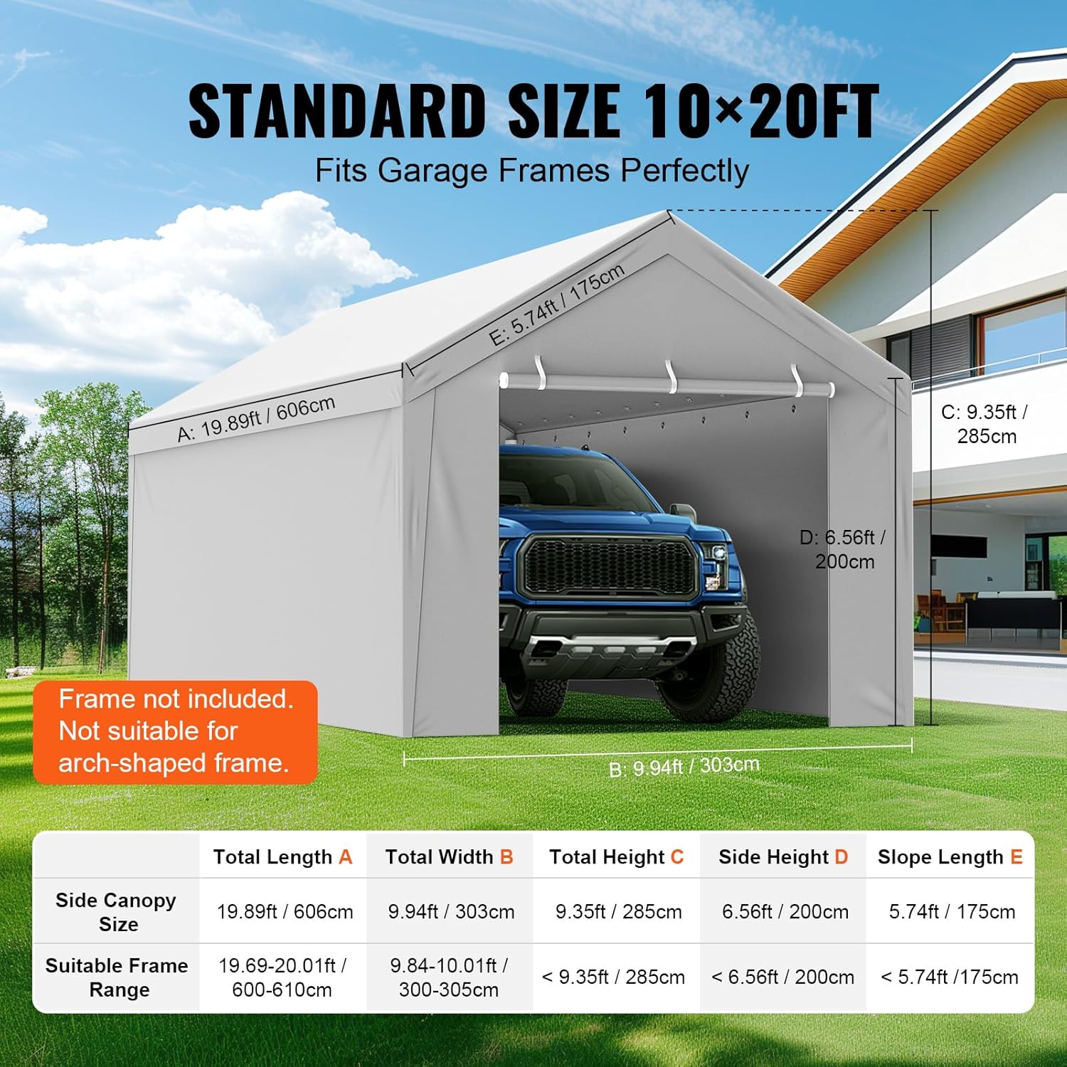 VEVOR Carport Replacement Canopy Cover Top + Side Wall 10 x 20 ft, Garage Tent Shelter Tarp Heavy-Duty Waterproof & UV Protected, Easy Installation with Ball Bungees,Grey (Frame Not Included)