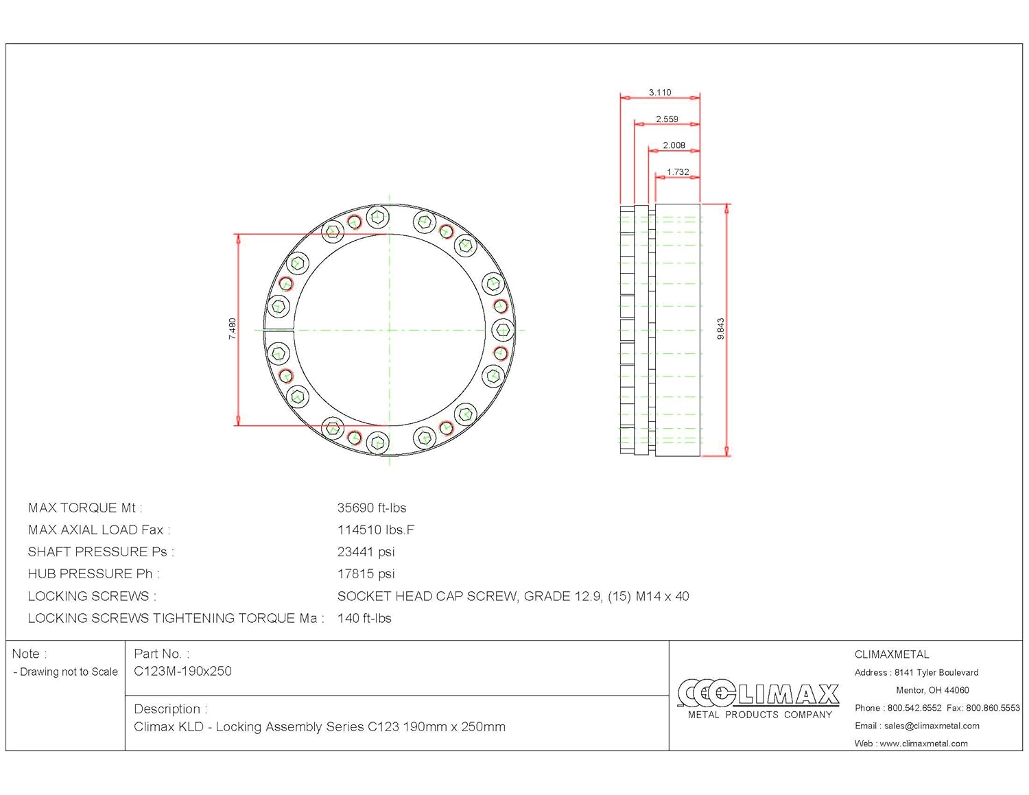 C123M-190X250 Series 123 Locking Assembly, Steel, 7.48" ID, 3.07" Width, 190 mm Shaft Diameter