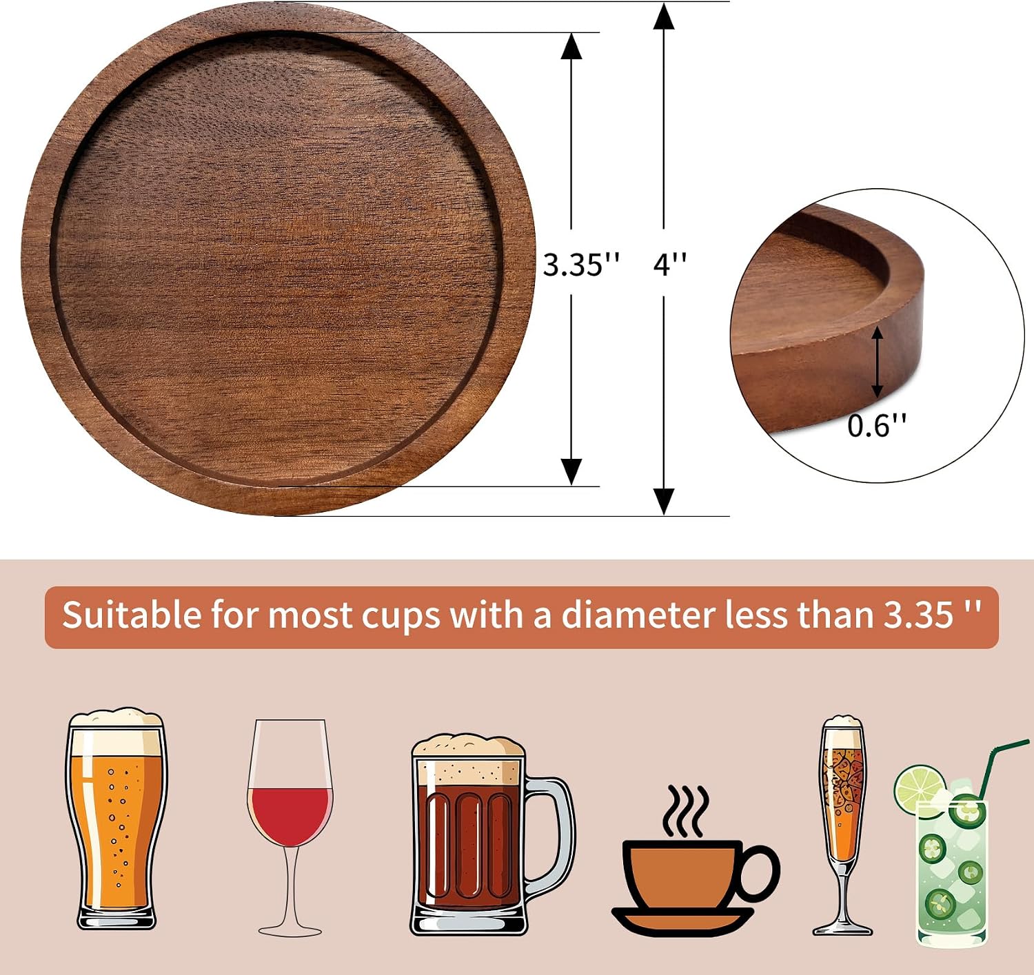Wood Drink Coasters with Holder, Set of 6, Natural Absorbent Wooden Coasters for Drinks, Modern Rustic Farmhouse Office Bar Decor, Coffee Table Cup Coaster