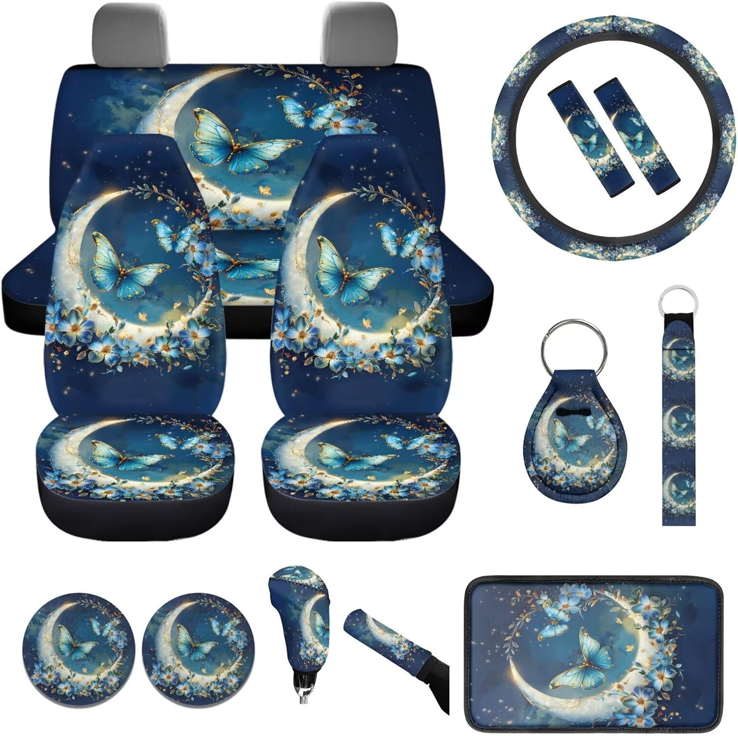 Boho Sea Turtle Car Interior Accessories 14 Pack Turtle Car Seat Covers Full Set for Front Rear Women Cute Auto Seatbelt Pads Cup Coaster Armrest Cover
