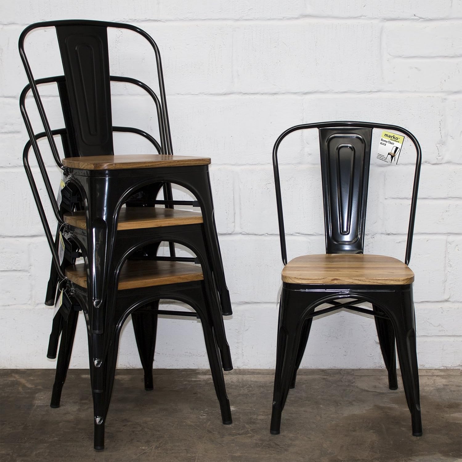 Marko Furniture Set Of 4 Black Industrial Dining Chair Kitchen Bistro Cafe Vintage Wood Seat Amazoncouk Home Kitchen