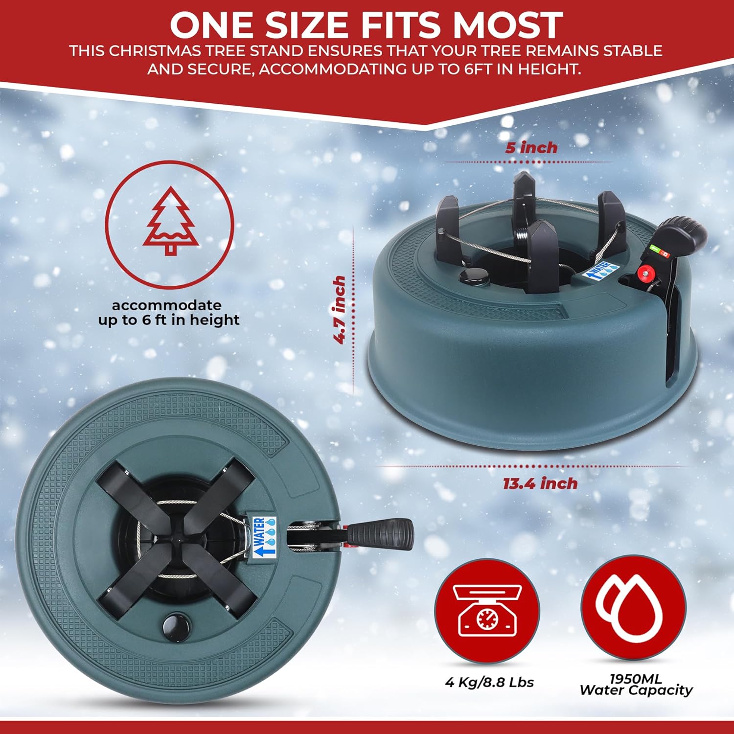 Christmas Tree Stand With Water Reservoir and Fast Clamp - Fits 6ft Tree with 5" Diameter - Equipped with a Water Level Indicator - No Assembly Required - Suitable for Indoor or Outdoor and can Accommodate both Real and Artificial Trees