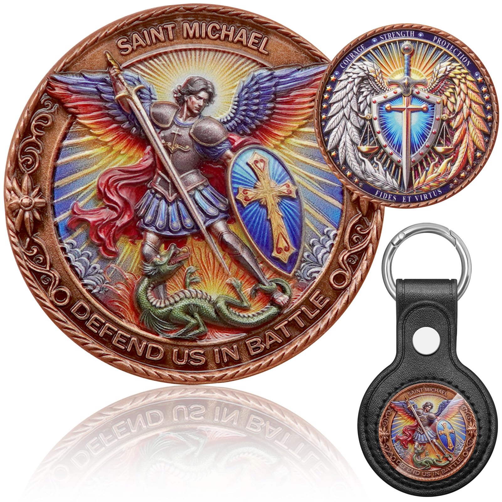 Zorleniva St Michael Archangel Coin 3D Engraved Saint Michael Keychain Medal Challenge Coin with Leather Coin Holder, Copper, Medium