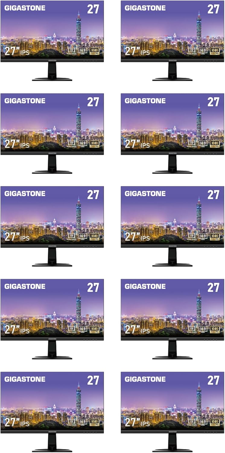 Gigastone 27 inch IPS LED Back Light Monitor 10-Pack 75Hz FHD 1920 x 1080, 178° Wide View Frameless, 5ms, Built-in Speakers, Eye Care Technology, Ergonomic Tilt VESA Mount, HDMI VGA