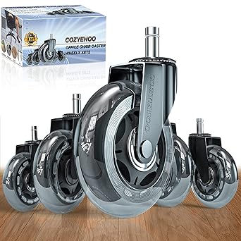 Office Chair Wheels Replacement, Transparent 3 Inch Heavy-Duty Computer Gaming Desk Rubber Casters,Smooth & Silence Gliding for All Floors Including Hardwood Carpet, Set of 5