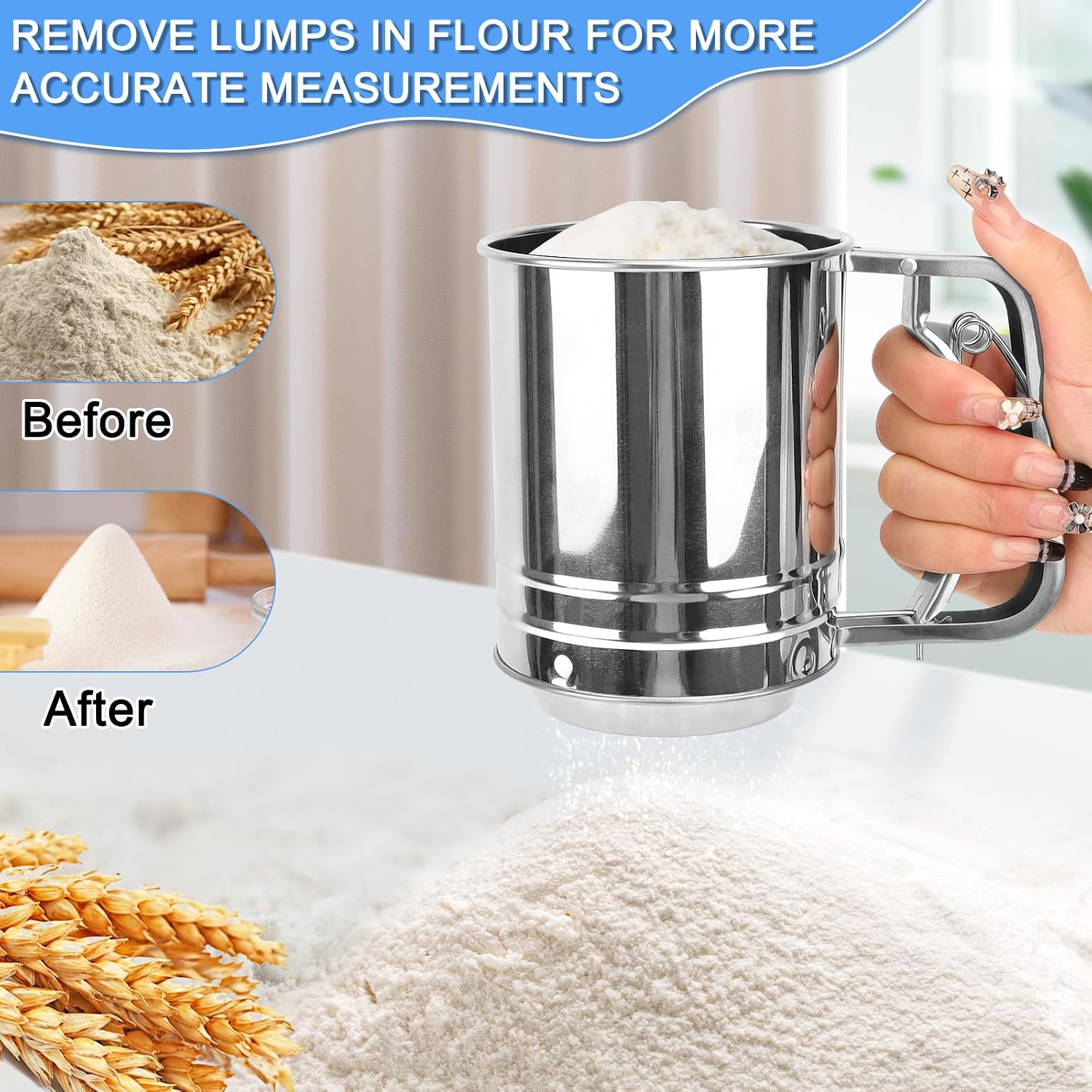 Flour Sifter Stainless Steel,3 Cup Flour Sifters for Baking,3 in1 Sifter for Baking with Powdered Sugar Shaker Duster, Flour Shaker Duster for Baking Cakes, Pastries, Pies, Cupcakes and Desserts