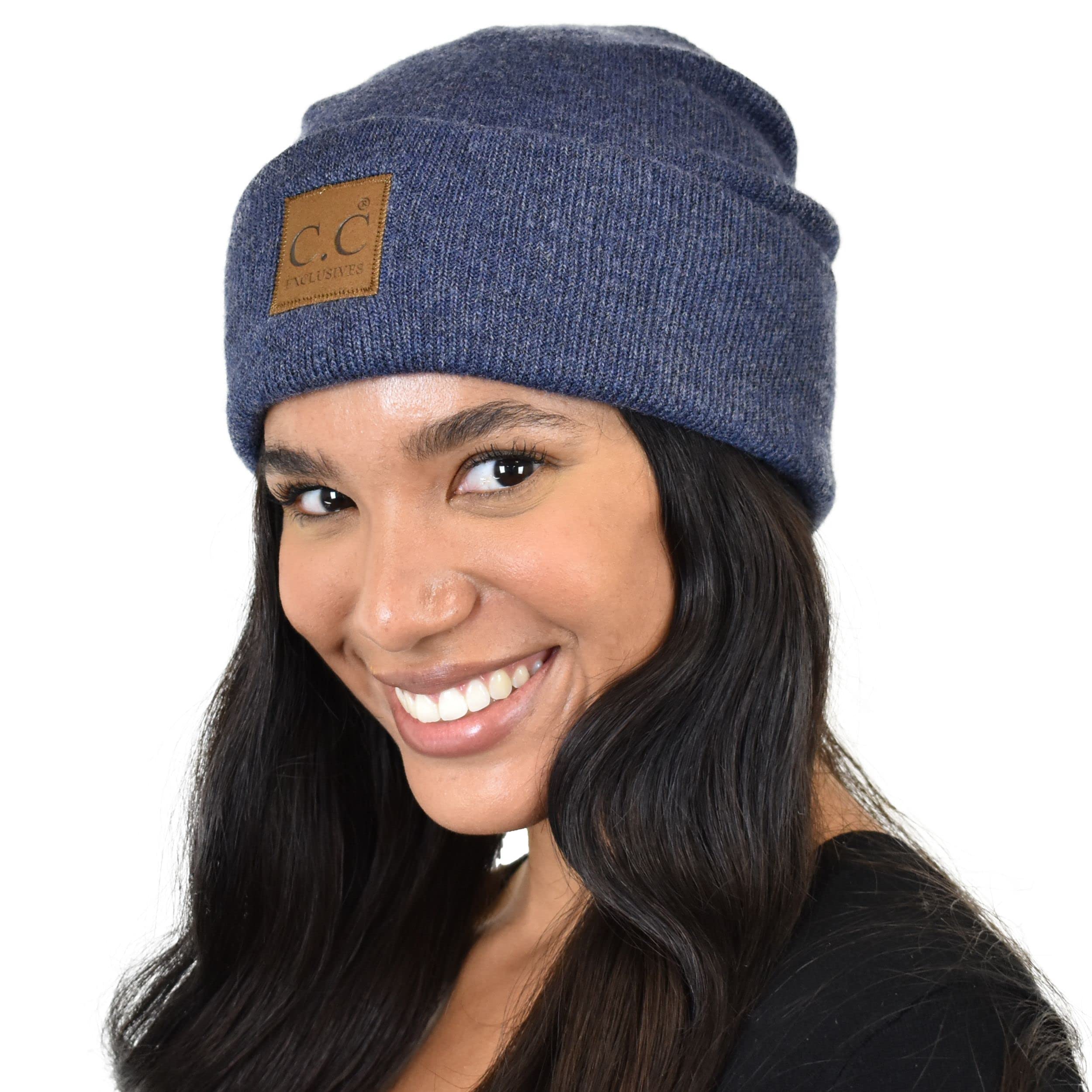 C.C Unisex Soft Warm Acrylic Knit Cuffed Recycled Yarn Beanie, Heather Navy