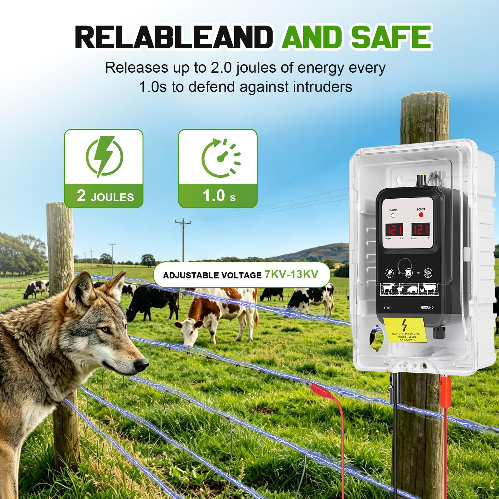 Weidezaungerät mit Weidezaun Seil 200 m, 15Km Reichweite 2 Joule 7 KV–13KV Einstellbare Elektrozaungerät für Weidezäune, Viehzaun, Eichhörnchen, verwendet für Gärten, Hühnerställe (Schwarz 2)