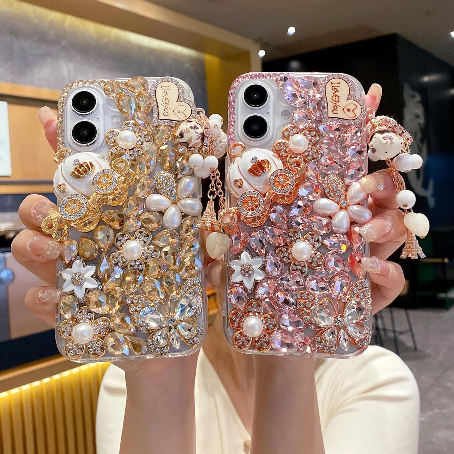 iFiLOVE for iPhone 16e Bling Diamond Case, 3D Luxury Sparkle Glitter Crystal Rhinestone Butterfly Flower Pendant Charm Case Cover for Girls Women Kids (Pink) - Image 3