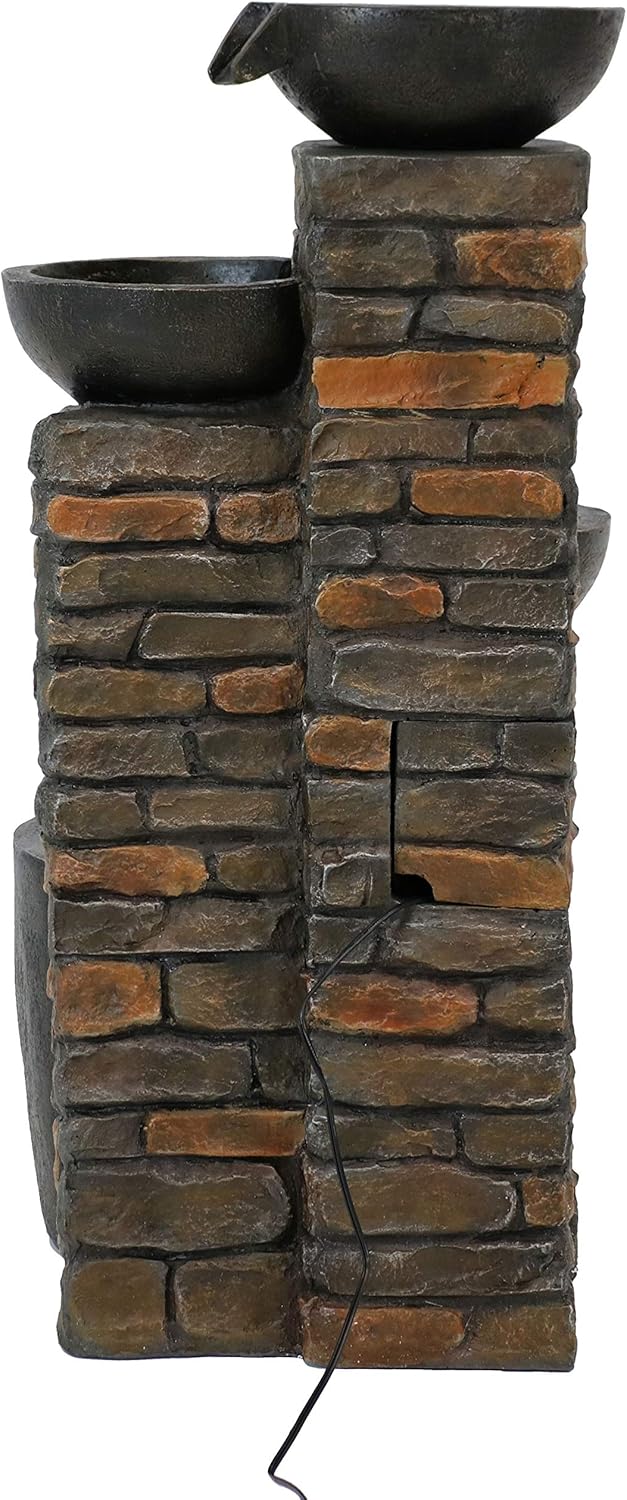 Sunnydaze Outdoor Water Fountain -Staggered Pottery Bowls - LED Lights - Perfect for Garden, Patio, Yard or Porch - Cascading Tiered Waterfall Feature, 34-Inch Tall : Sunnydaze Decor: Patio, Lawn & Garden
