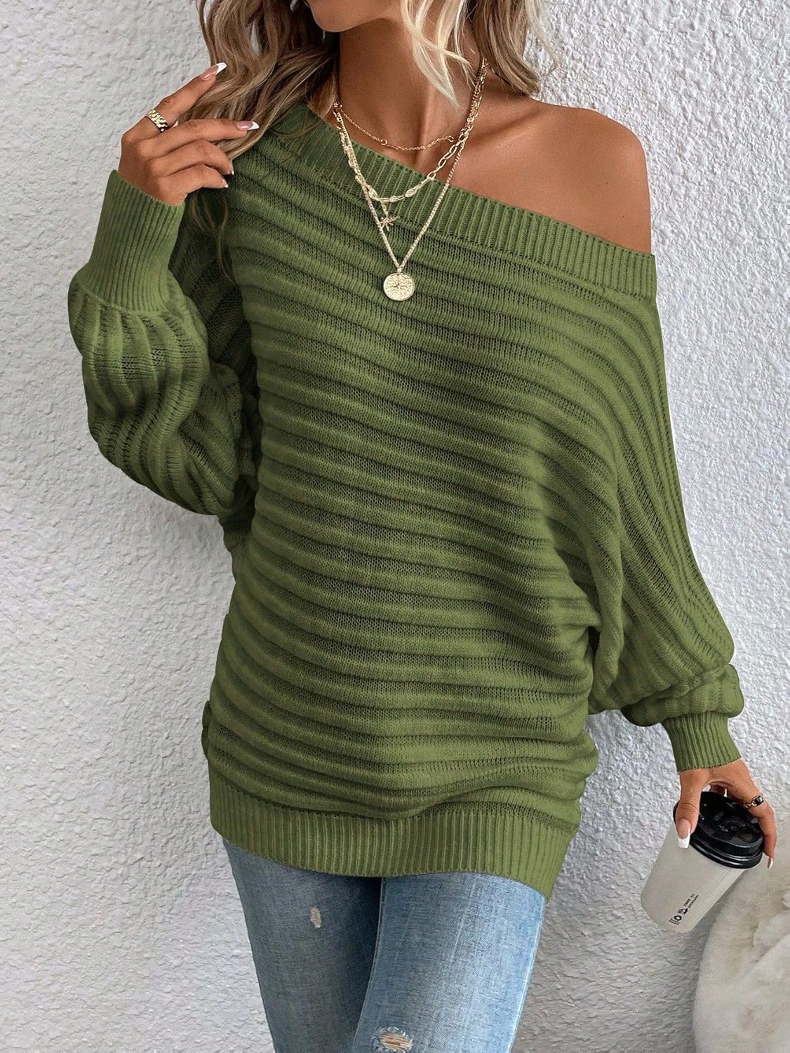 SISKIN Oversized Off Shoulder Pullover Asymmetrical Sweaters Knitted Batwing Striped Trendy Cozy Sweater for Winter - Image 6