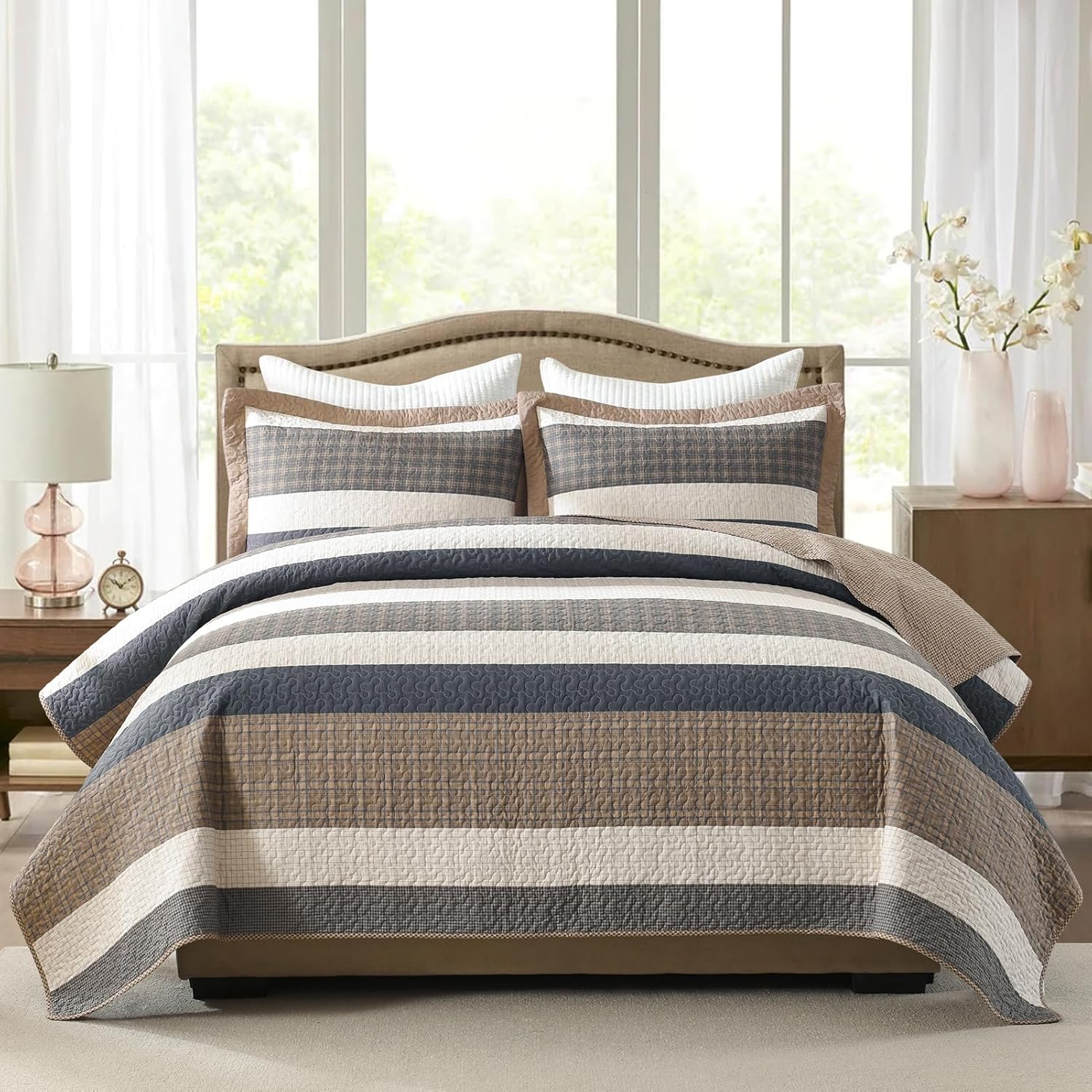 Queen Quilt Bedding Set, 3 Piece 100% Cotton Queen Comforter Set, Farmhouse Brown Checkered and Striped Bedspread, Reversible Lightweight Quilted Coverlet, All Season