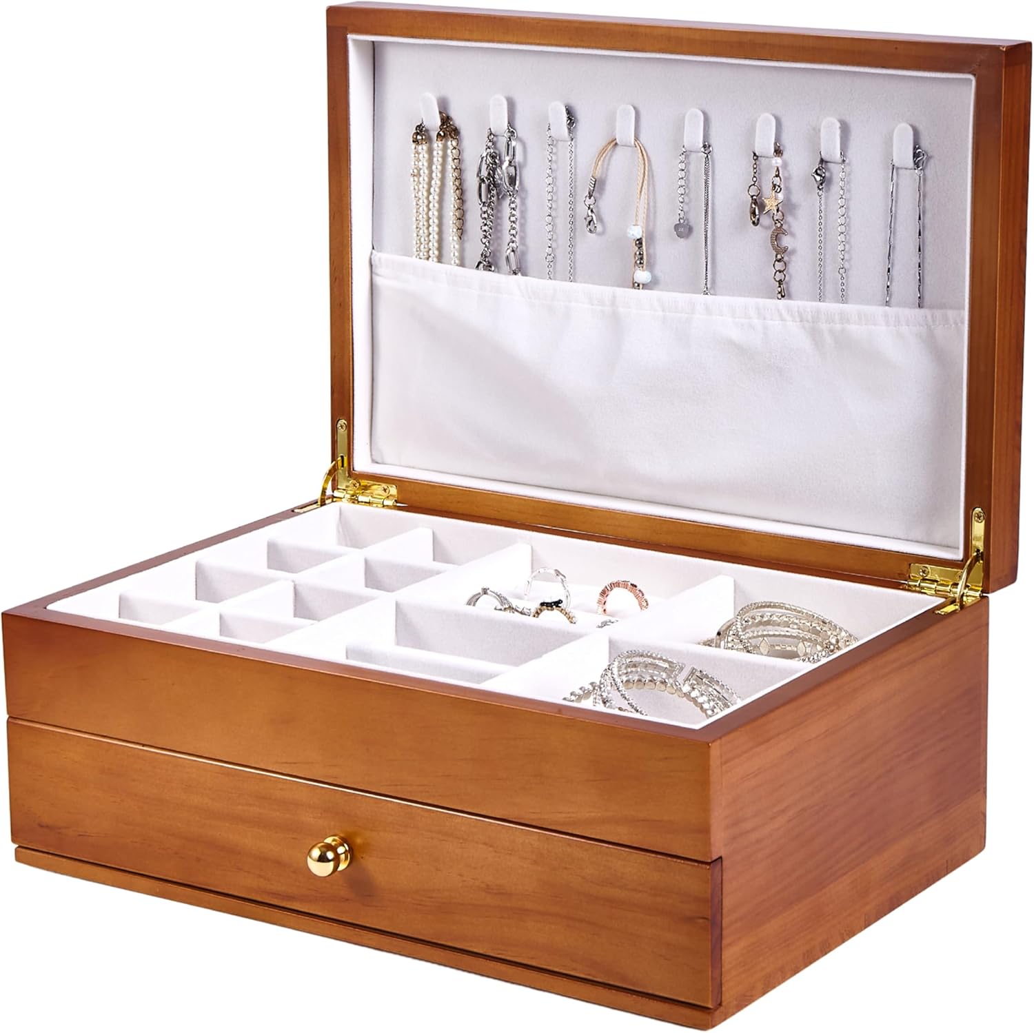 Wooden Jewelry Box with Drawer, Medium Size Real Natural Solid Wood, 2-Layer Vintage Organizer with Earring Storage, Ring Compartments, Necklace Hooks, ek15-m-light
