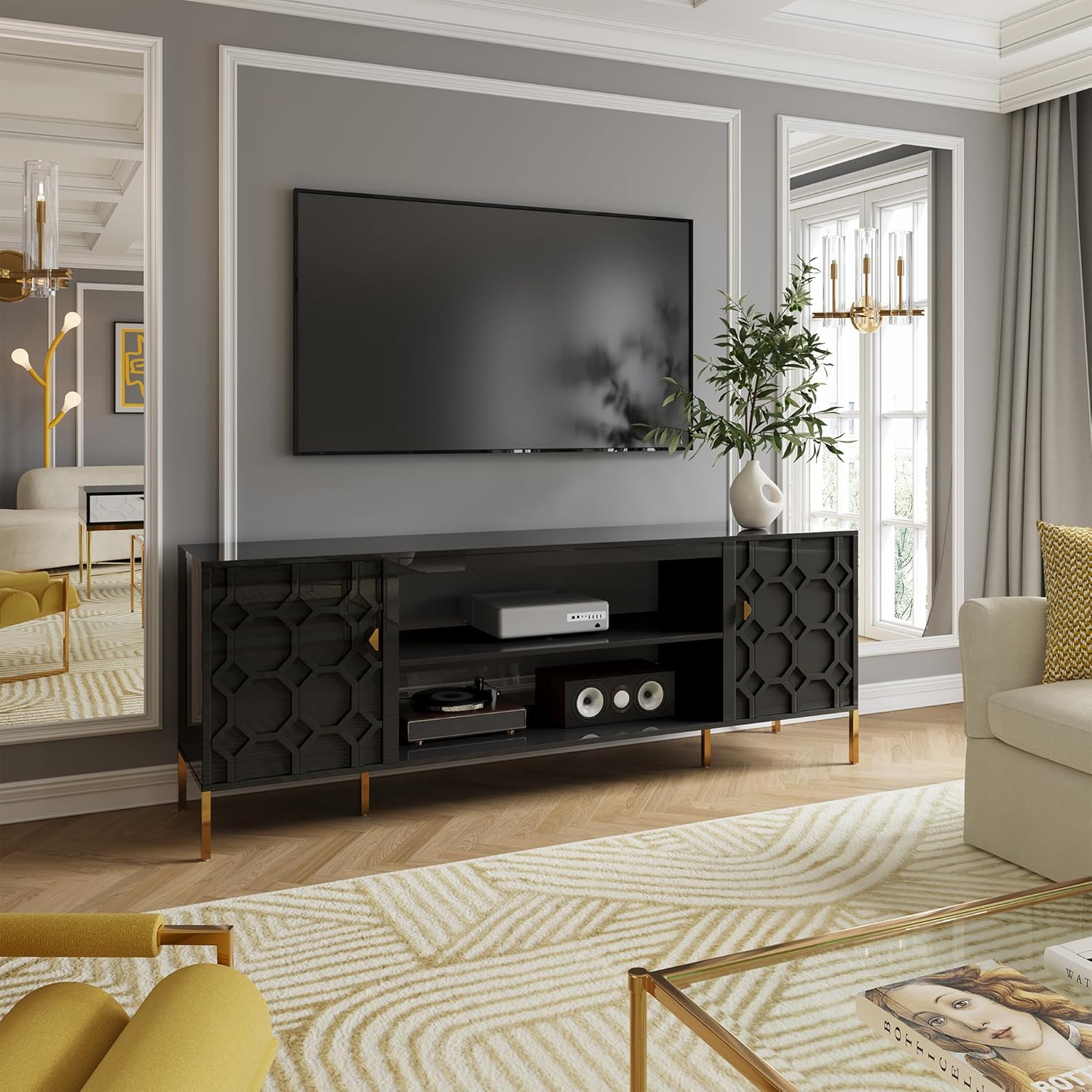 Clihome TV Stands for Living Room, 70'' TV Stand Cabinet for TVs Up to 80 Inchs, Entertainment Center with Storage, White