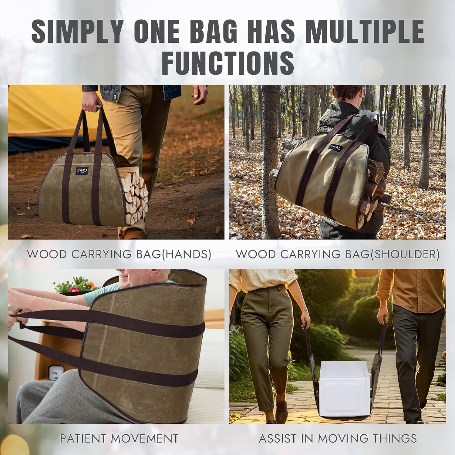 INNO STAGE Waxed Canvas Firewood Carrier Bag, Log Carrier Tote, Khaki image 5
